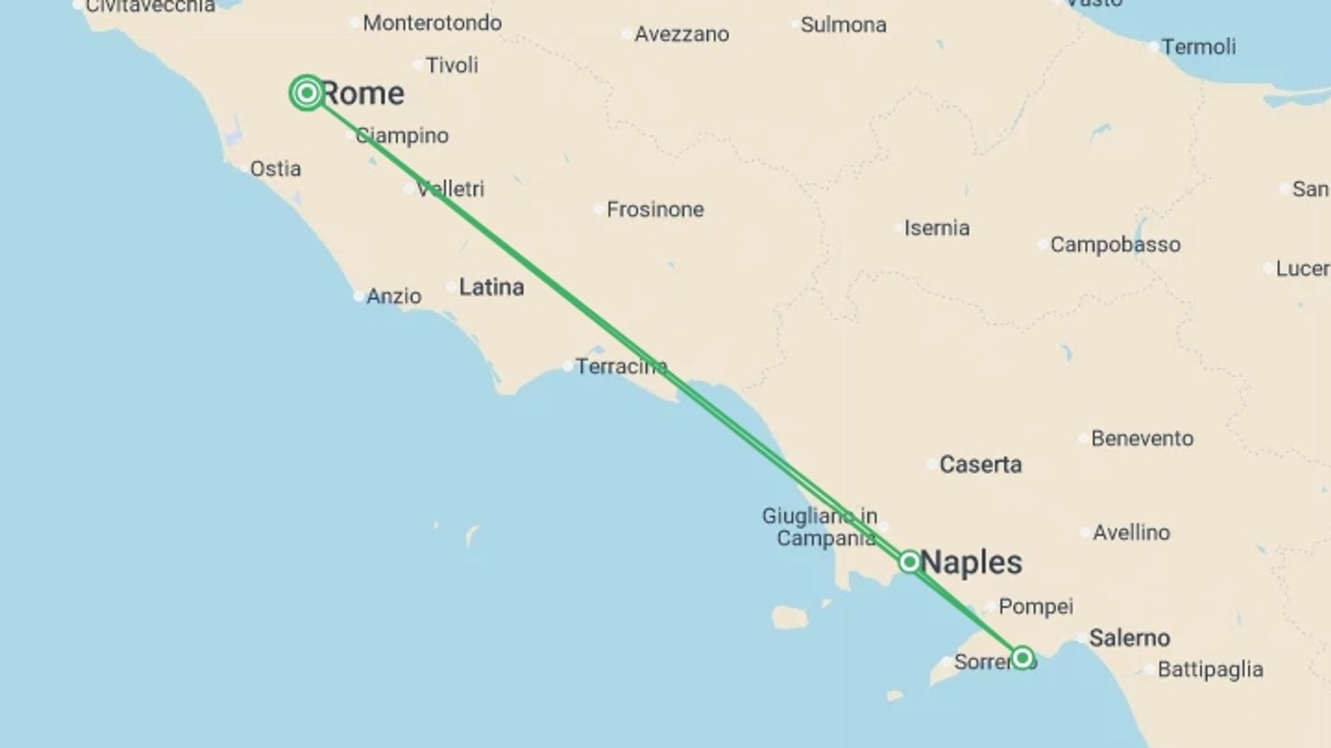 A map showing the tour itinerary for the trip: Italian Escape, starting in Rome, Italy and ending in Rome, Italy going through 3 other destinations.