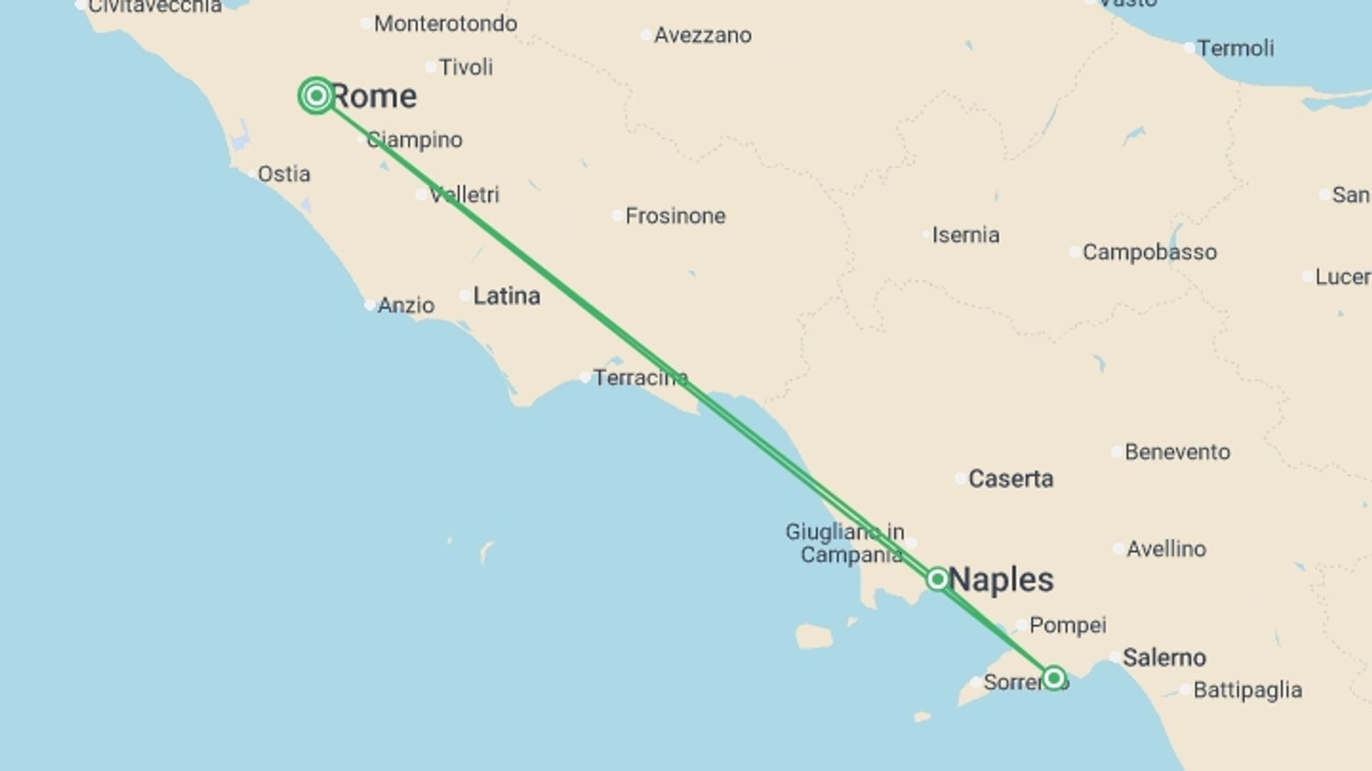 A map showing the tour itinerary for the trip: Amalfi Coast, starting in Rome, Italy and ending in Rome, Italy going through 3 other destinations.