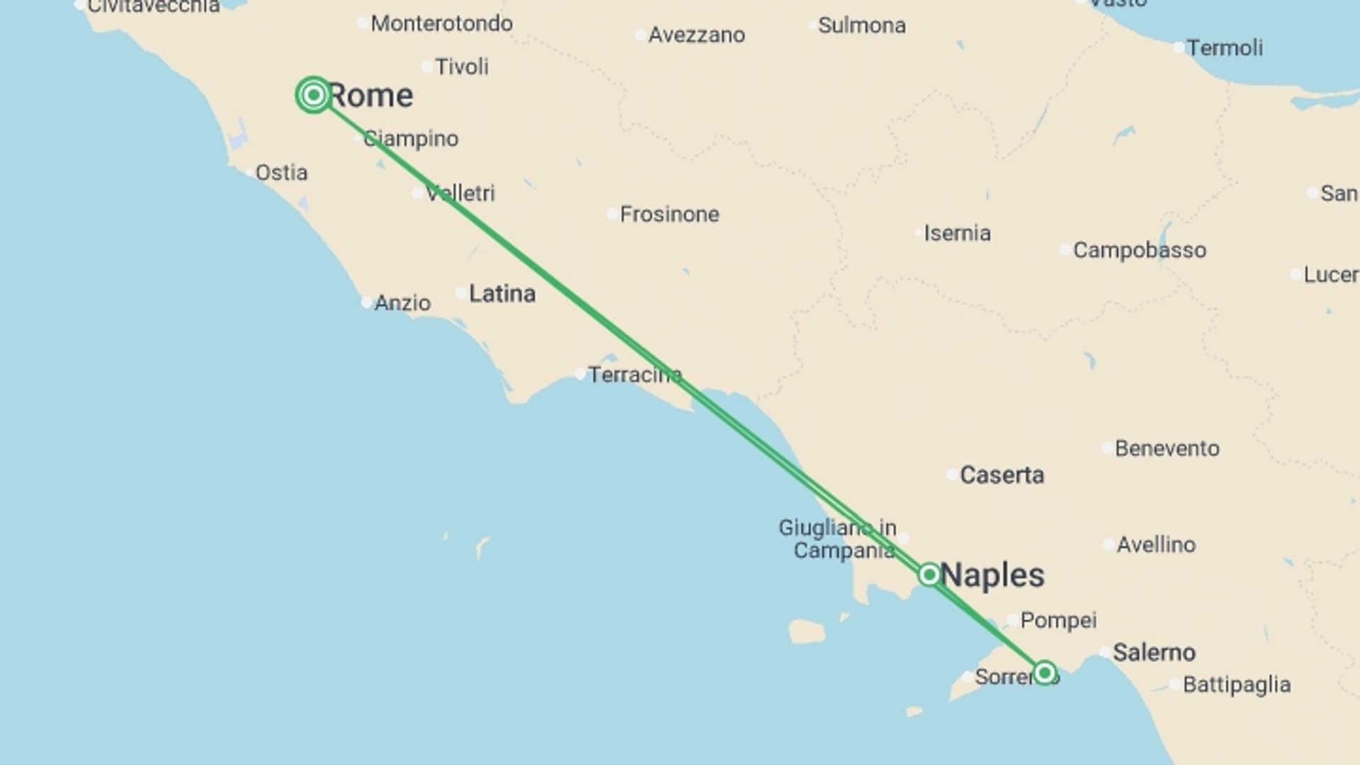 A map showing the tour itinerary for the trip: Italian Escape 35 to 45, starting in Rome, Italy and ending in Rome, Italy going through 2 other destinations.