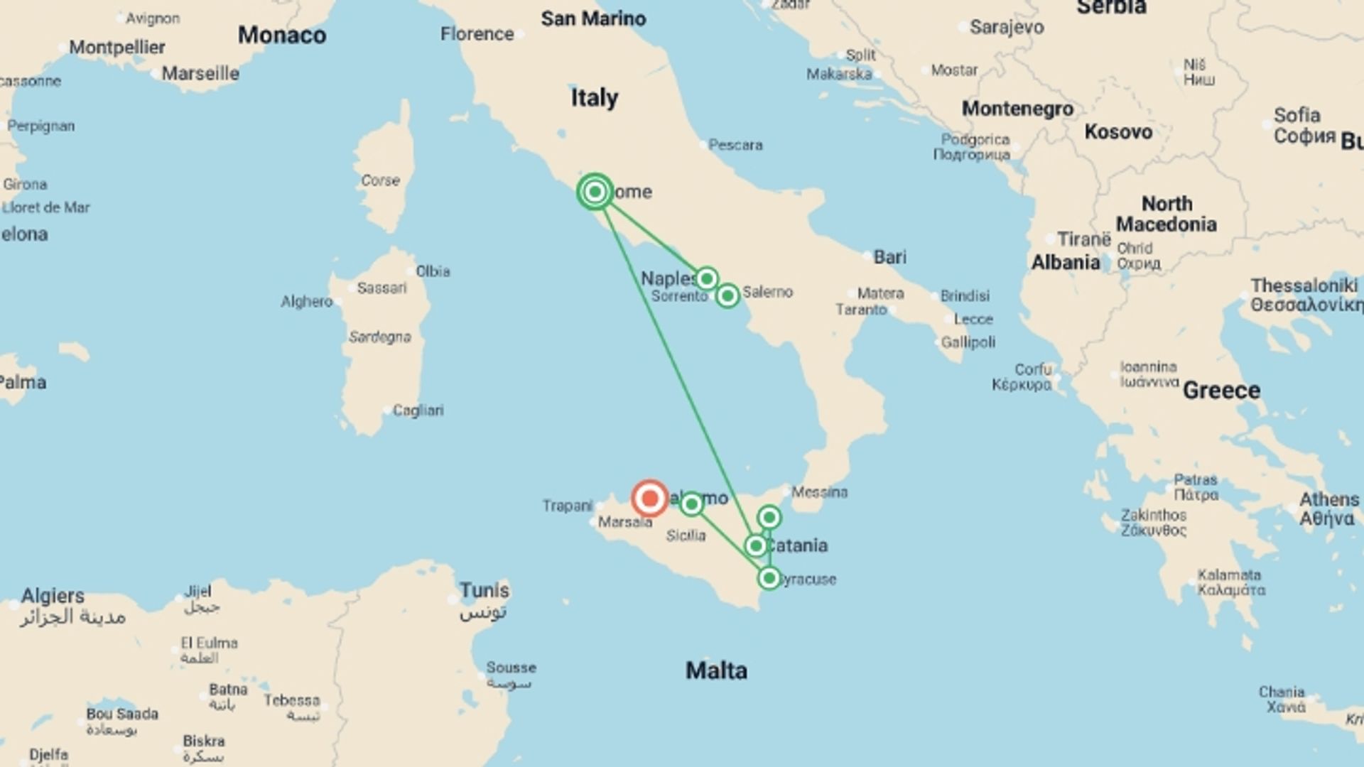 A map showing the tour itinerary for the trip: Amalfi Coast & Sicily, starting in Rome, Italy and ending in Palermo, Italy going through 7 other destinations.