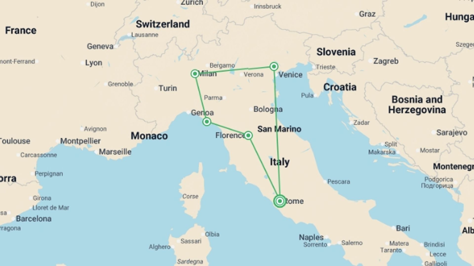 A map showing the tour itinerary for the trip: Italian Espresso 35 to 45, starting in Rome, Italy and ending in Rome, Italy going through 4 other destinations.