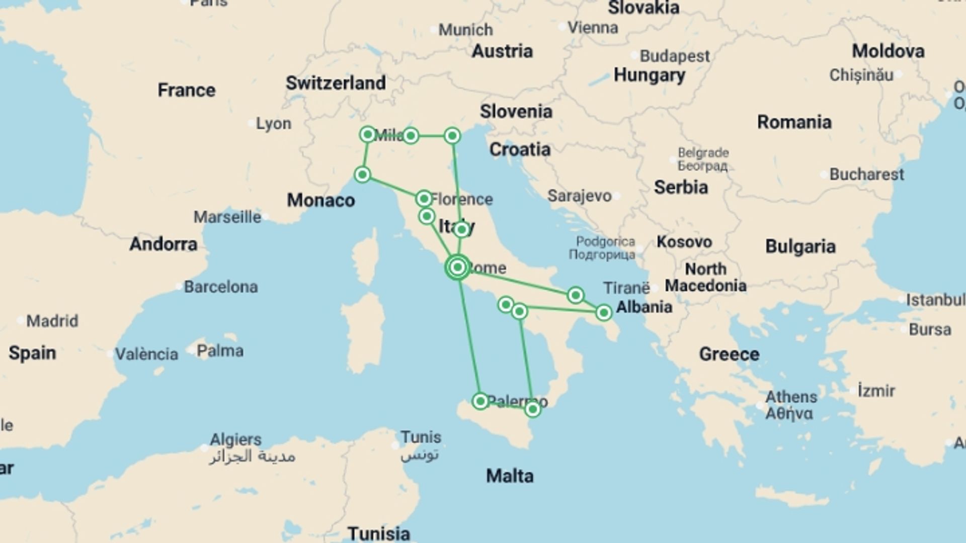 A map showing the tour itinerary for the trip: Italian Roundabout Complete End Rome, starting in Rome, Italy and ending in Rome, Italy going through 11 other destinations.