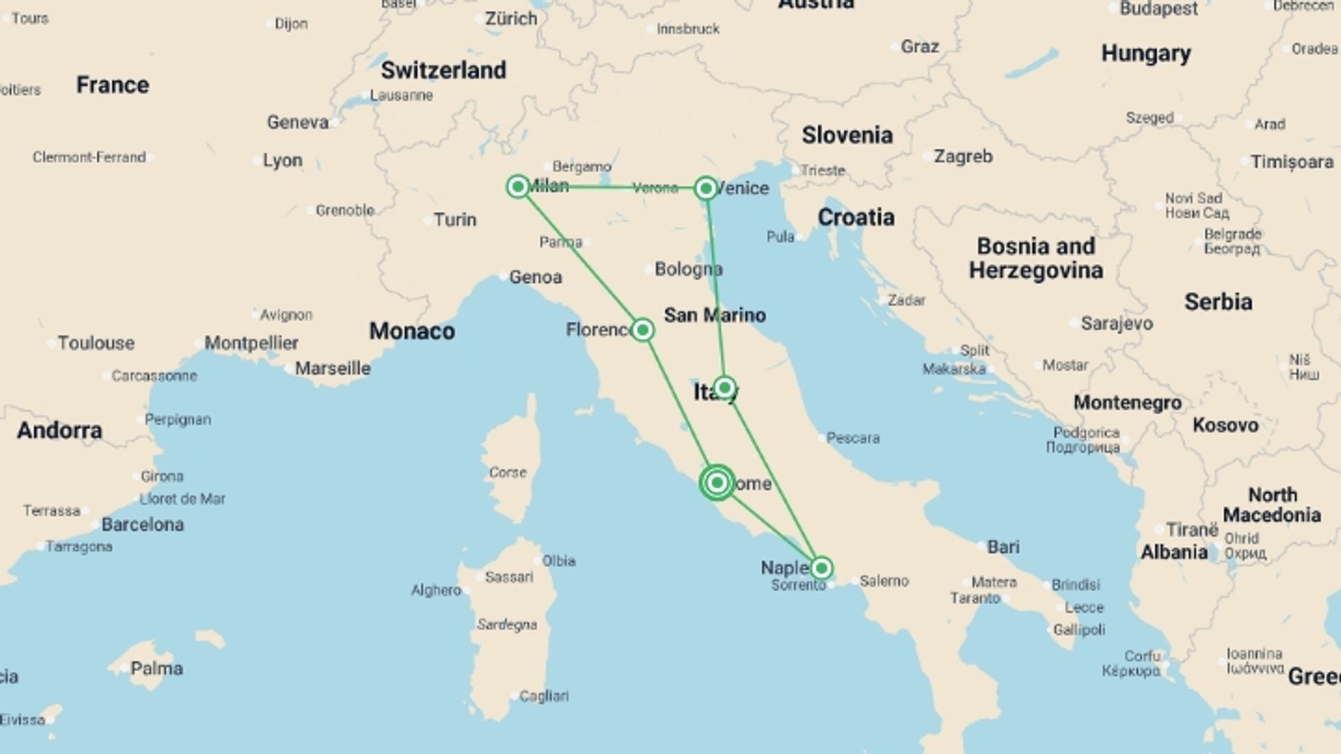 A map showing the tour itinerary for the trip: Italian Scene, starting in Rome, Italy and ending in Rome, Italy going through 5 other destinations.