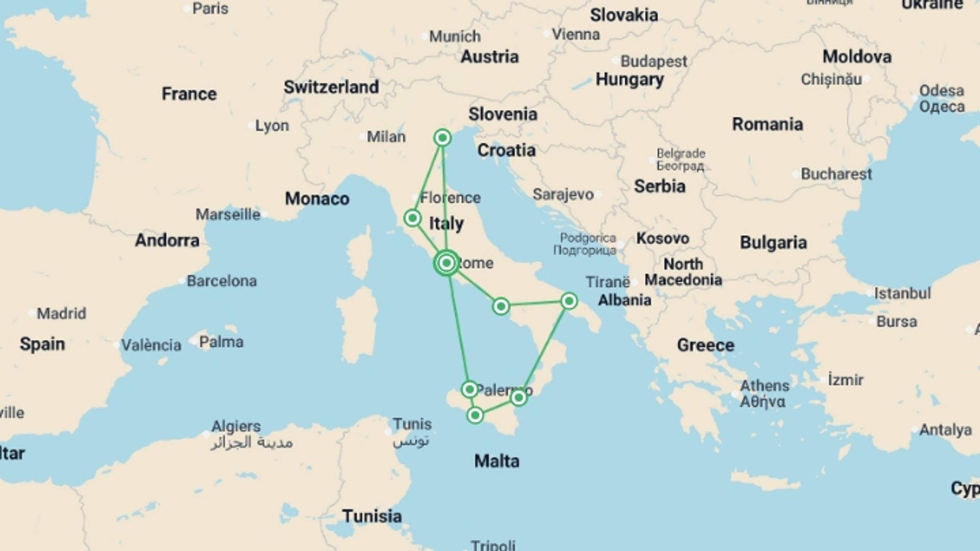 A map showing the tour itinerary for the trip: Italy Explorer, starting in Rome, Italy and ending in Rome, Italy going through 7 other destinations.