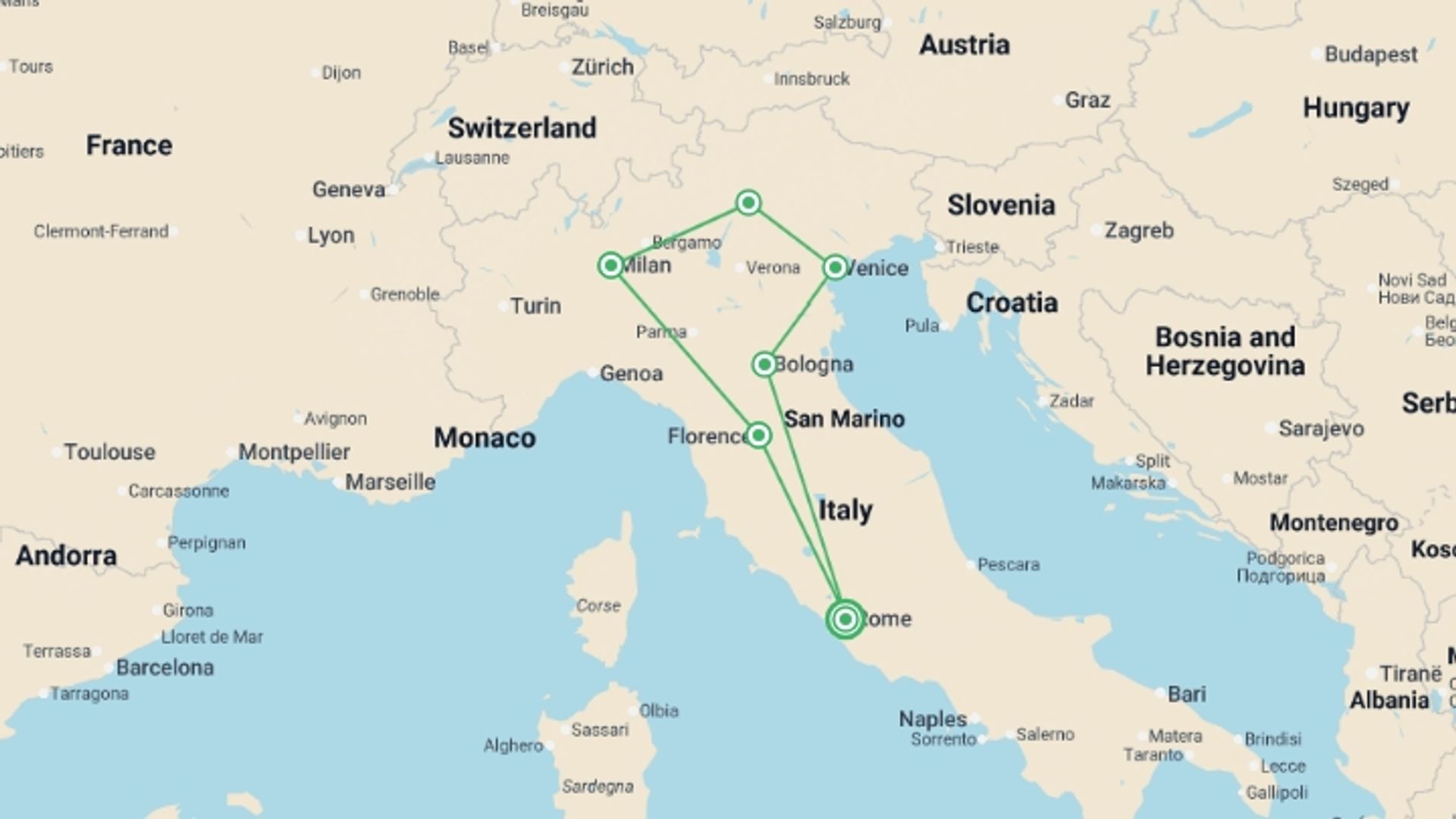 A map showing the tour itinerary for the trip: Italy in Low Season, starting in Rome, Italy and ending in Rome, Italy going through 6 other destinations.