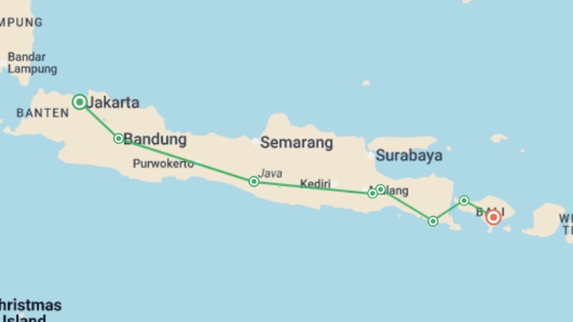 A map showing the tour itinerary for the trip: Jakarta to Ubud: Waves & Wanderlust, starting in Jakarta, Indonesia and ending in Ubud, Indonesia going through 3 other destinations.
