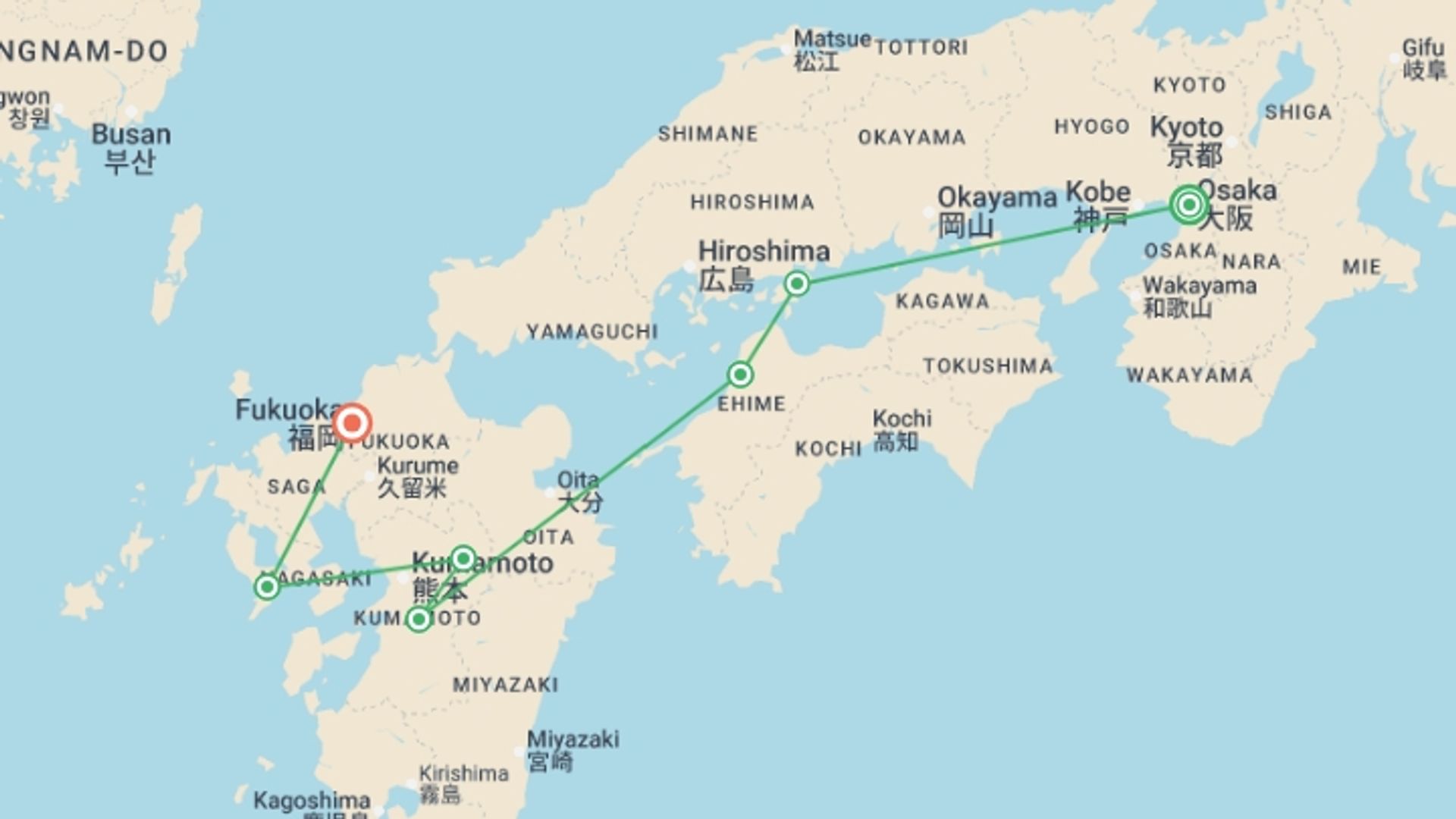 A map showing the tour itinerary for the trip: Japan Adventure: Kyushu & Shikoku, starting in Osaka, Japan and ending in Fukuoka, Japan going through 3 other destinations.