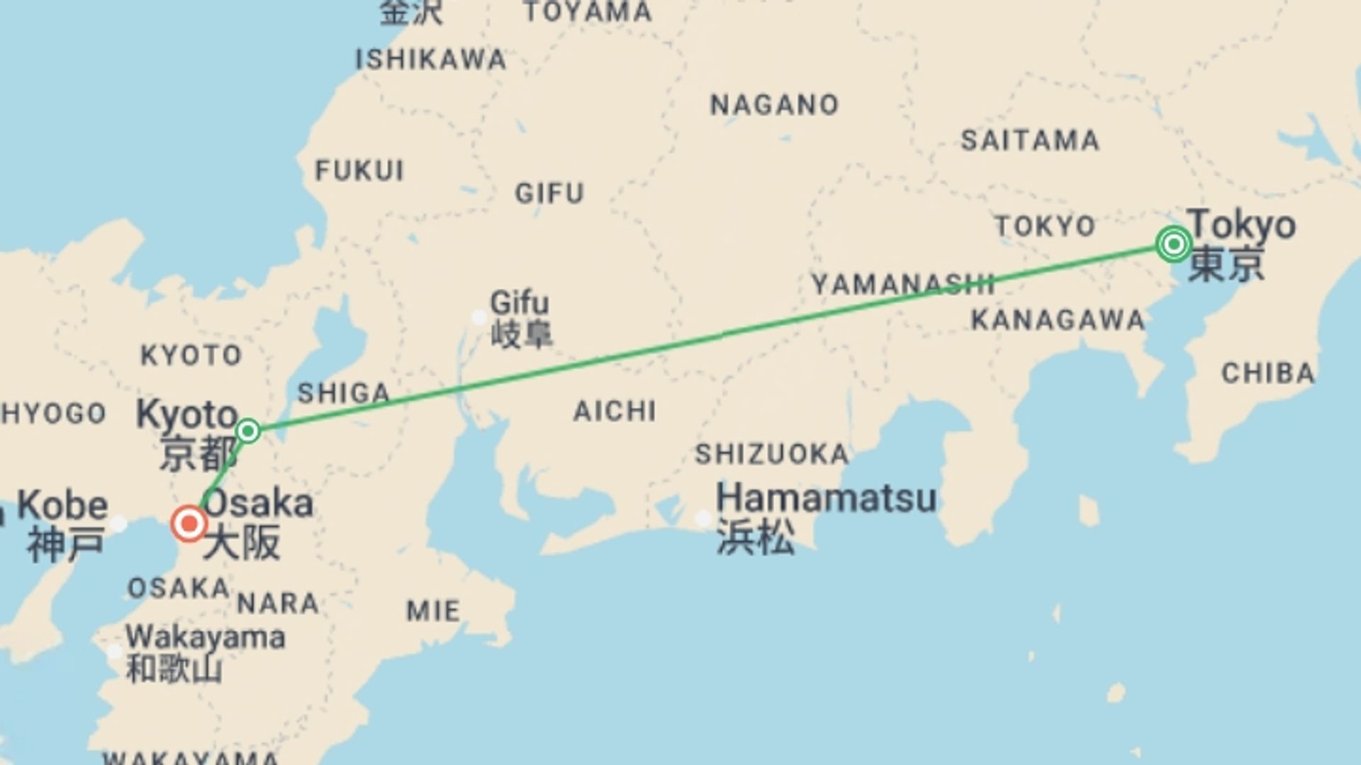 A map showing the tour itinerary for the trip: Japan in a Week, starting in Tokyo, Japan and ending in Osaka, Japan going through 3 other destinations.