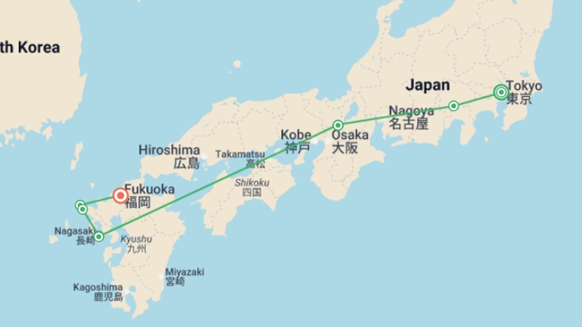 A map showing the tour itinerary for the trip: Japan In Depth - Footsteps of the Shogun, starting in Tokyo, Japan and ending in Fukuoka, Japan going through 5 other destinations.