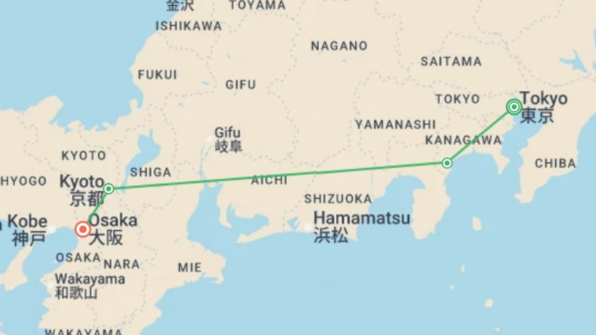 A map showing the tour itinerary for the trip: Japan - Tokyo to Osaka, starting in Tokyo, Japan and ending in Osaka, Japan going through 4 other destinations.