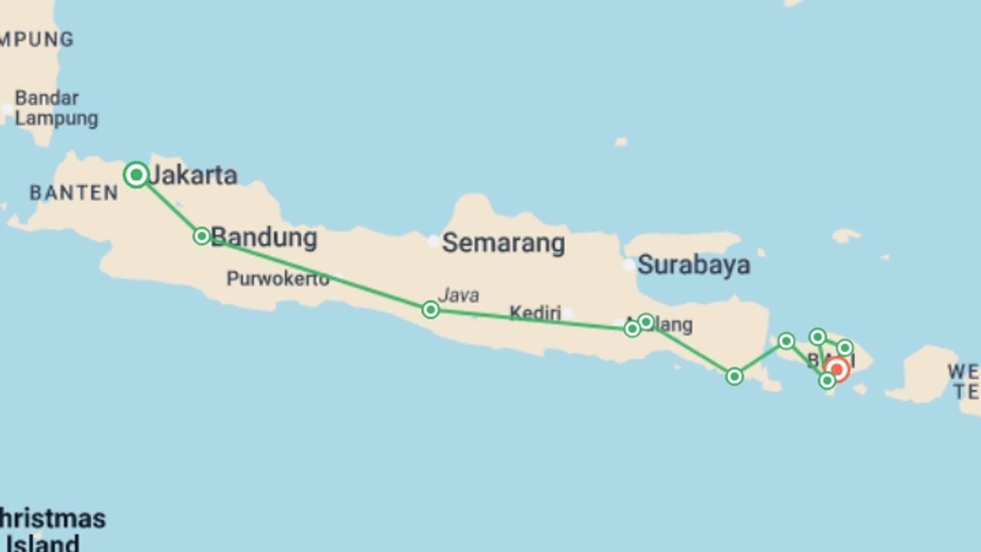 A map showing the tour itinerary for the trip: Java & Bali: Sunrises, Surf & Serenity, starting in Jakarta, Indonesia and ending in Ubud, Indonesia going through 5 other destinations.