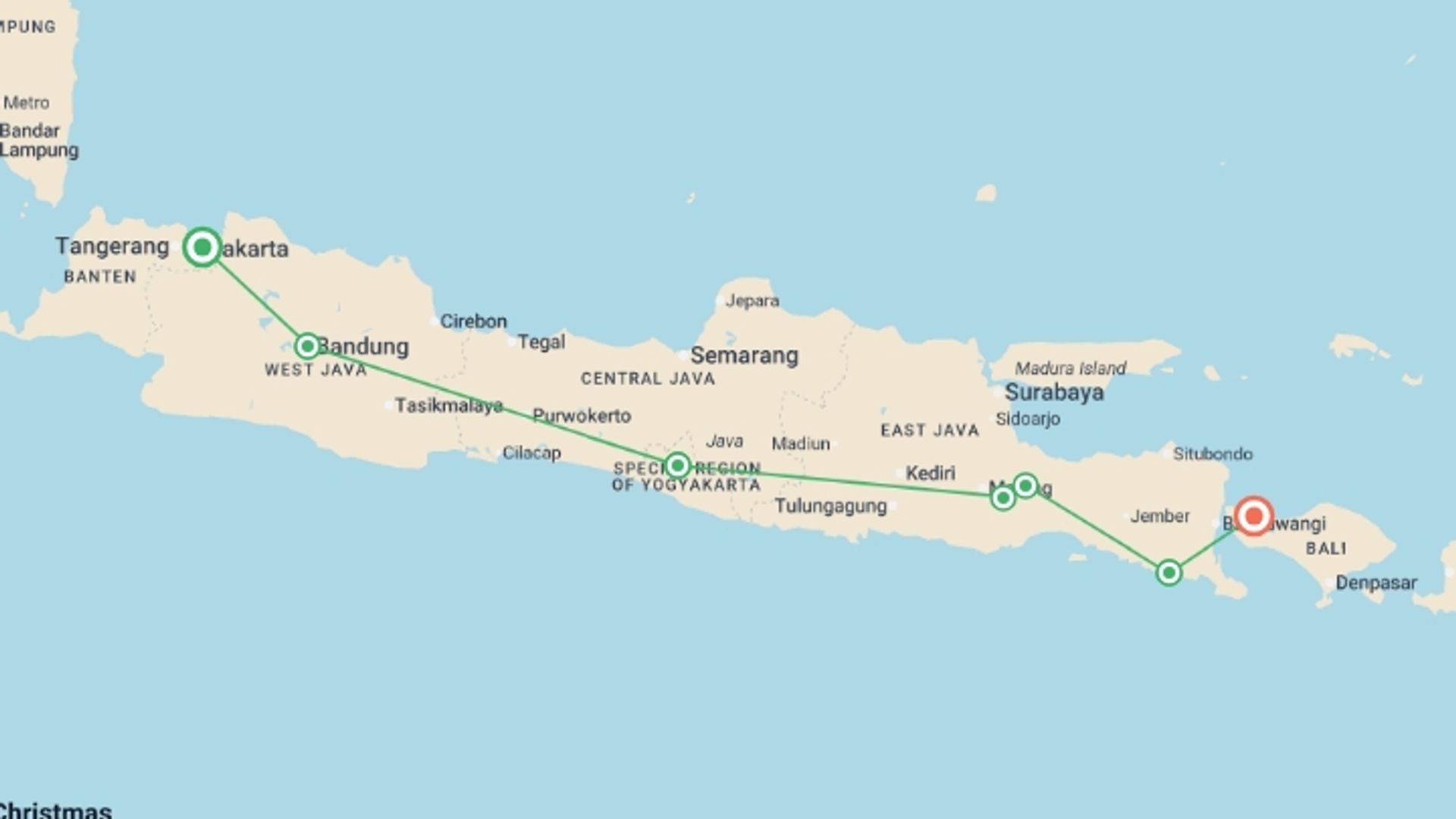 A map showing the tour itinerary for the trip: Java: Volcanoes, Vibes & Vibrant Nights, starting in Jakarta, Indonesia and ending in Indonesia going through 2 other destinations.