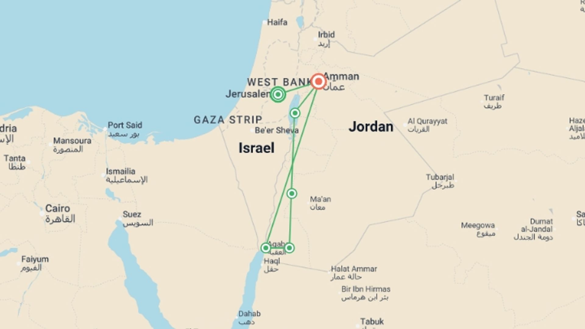 A map showing the tour itinerary for the trip: Jerusalem and unforgettable Jordan, starting in Jerusalem, Israel and ending in Amman, Jordan going through 6 other destinations.
