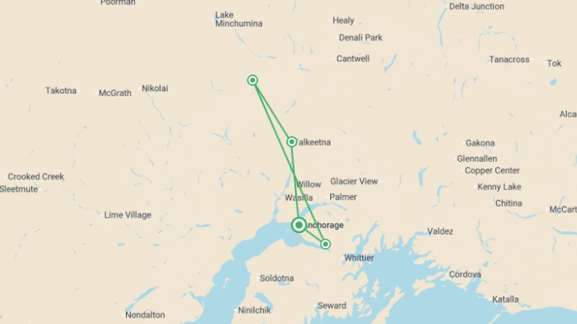 A map showing the tour itinerary for the trip: Jewels of Alaska, starting in Anchorage, USA and ending in Anchorage, USA going through 2 other destinations.