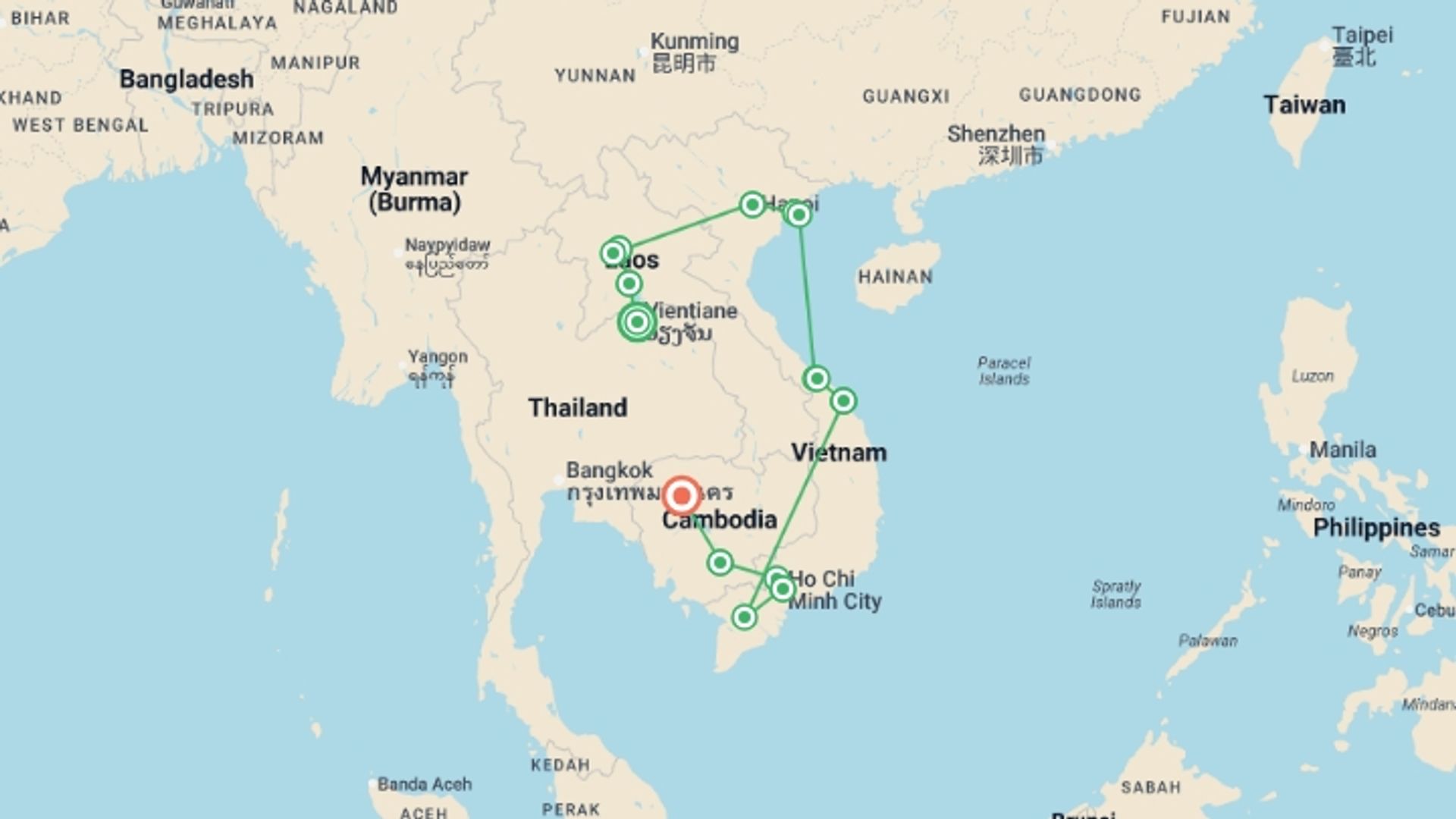 A map showing the tour itinerary for the trip: Jewels of Indochina, starting in Vientiane, Laos and ending in Siem Reap, Cambodia going through 10 other destinations.