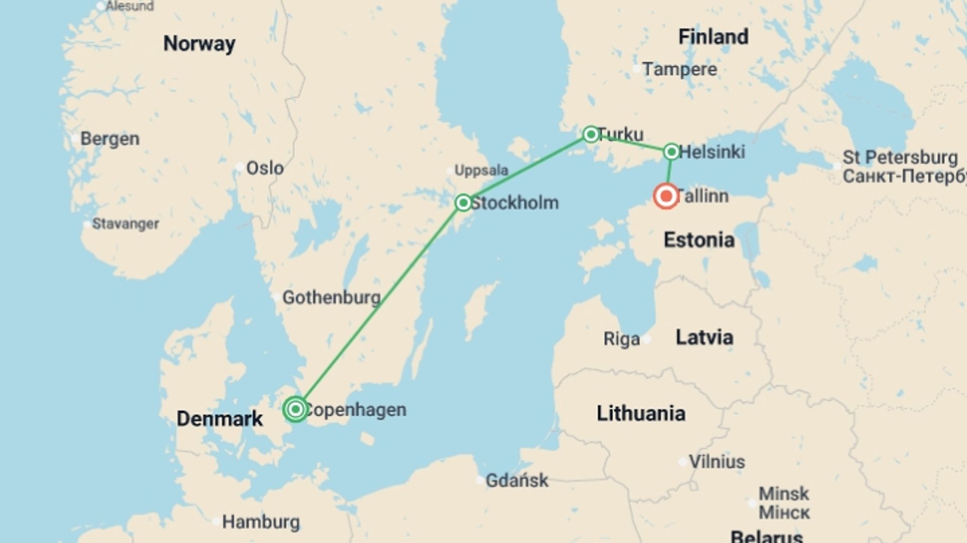 A map showing the tour itinerary for the trip: Jewels of Scandinavia End Tallinn, starting in Copenhagen, Denmark and ending in Tallinn, Estonia going through 5 other destinations.