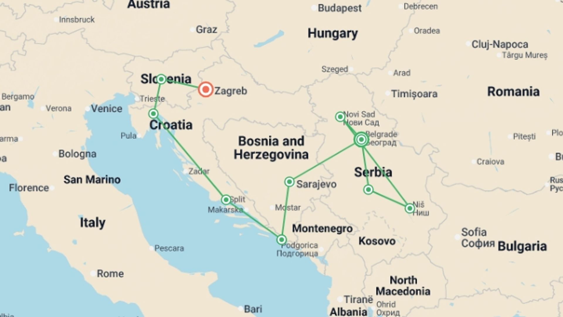 A map showing the tour itinerary for the trip: Jewels of Serbia and the Balkans, Ending in Zagreb, starting in Belgrade, Serbia and ending in Zagreb, Croatia going through 9 other destinations.
