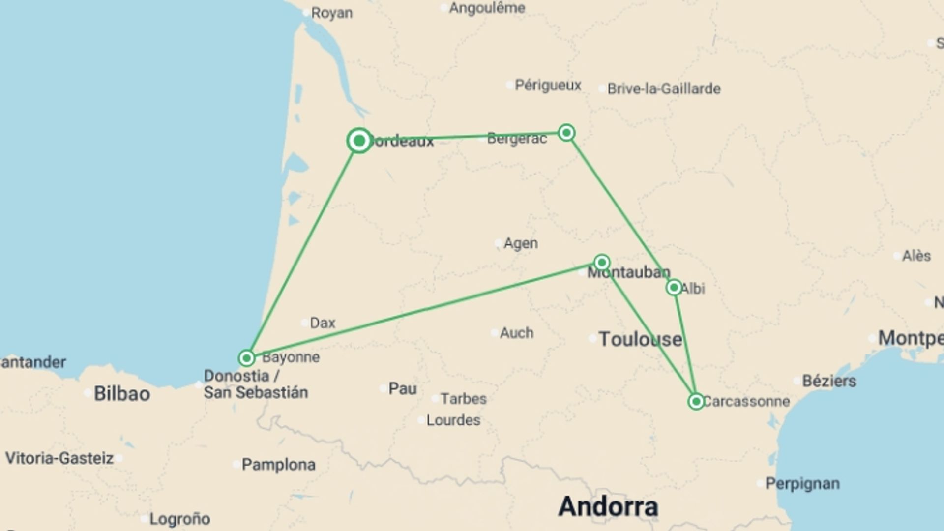 A map showing the tour itinerary for the trip: Jewels of Southwest France, starting in Bordeaux, France and ending in Bordeaux, France going through 4 other destinations.