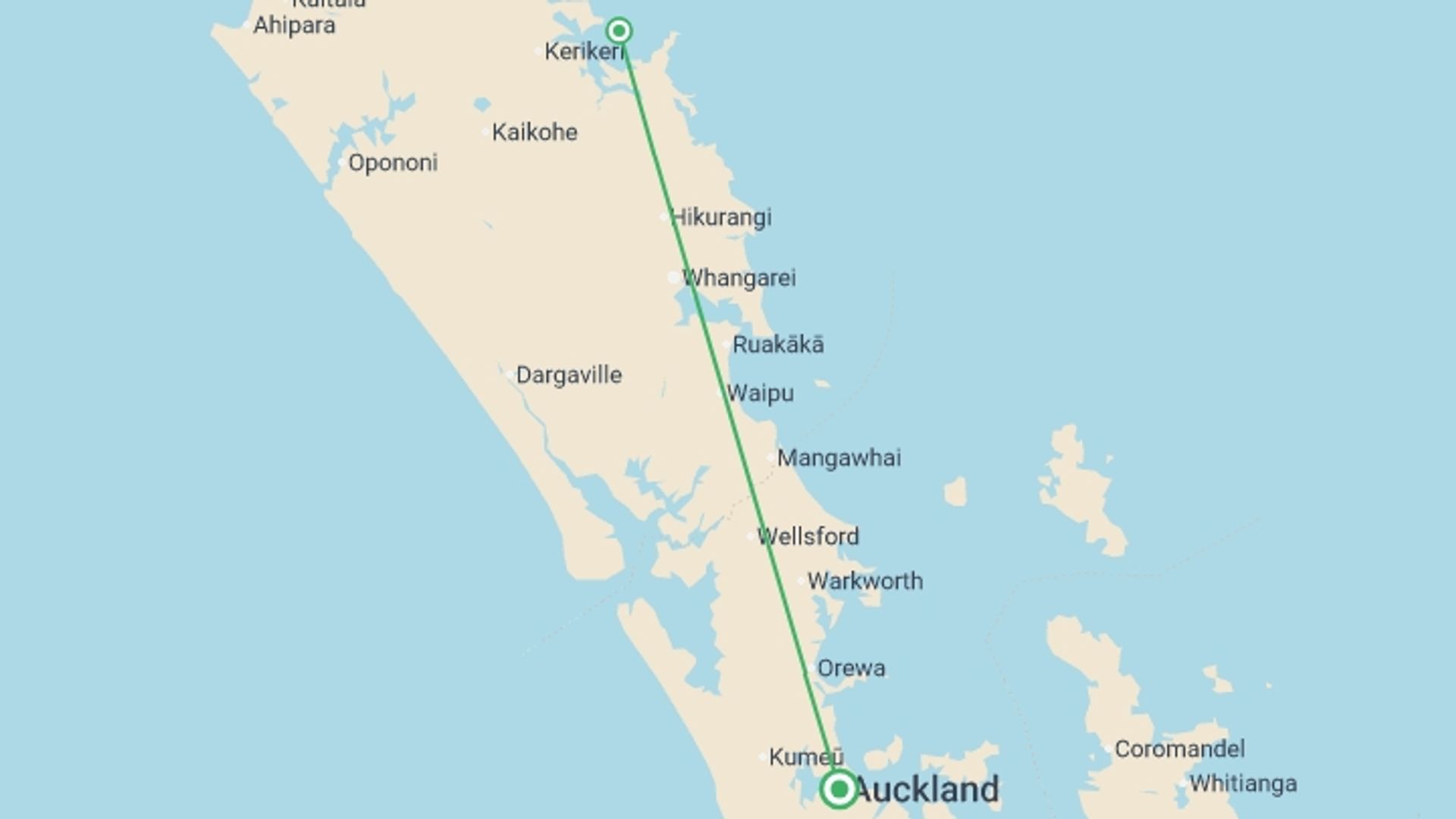 A map showing the tour itinerary for the trip: Jewels of the Bay, starting in Auckland, New Zealand and ending in Auckland, New Zealand going through 1 other destinations.