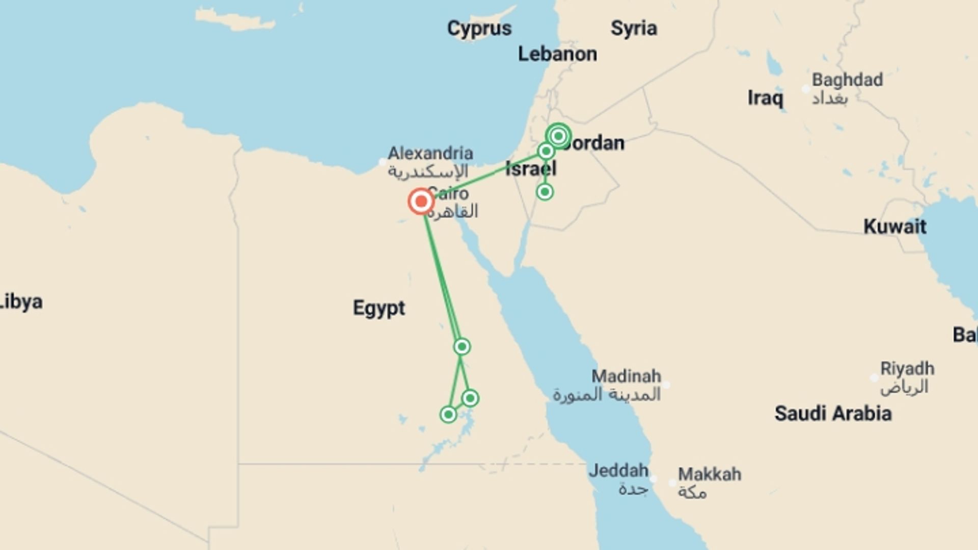 A map showing the tour itinerary for the trip: Jordan & Egypt Explorer, starting in Amman, Jordan and ending in Cairo, Egypt going through 6 other destinations.