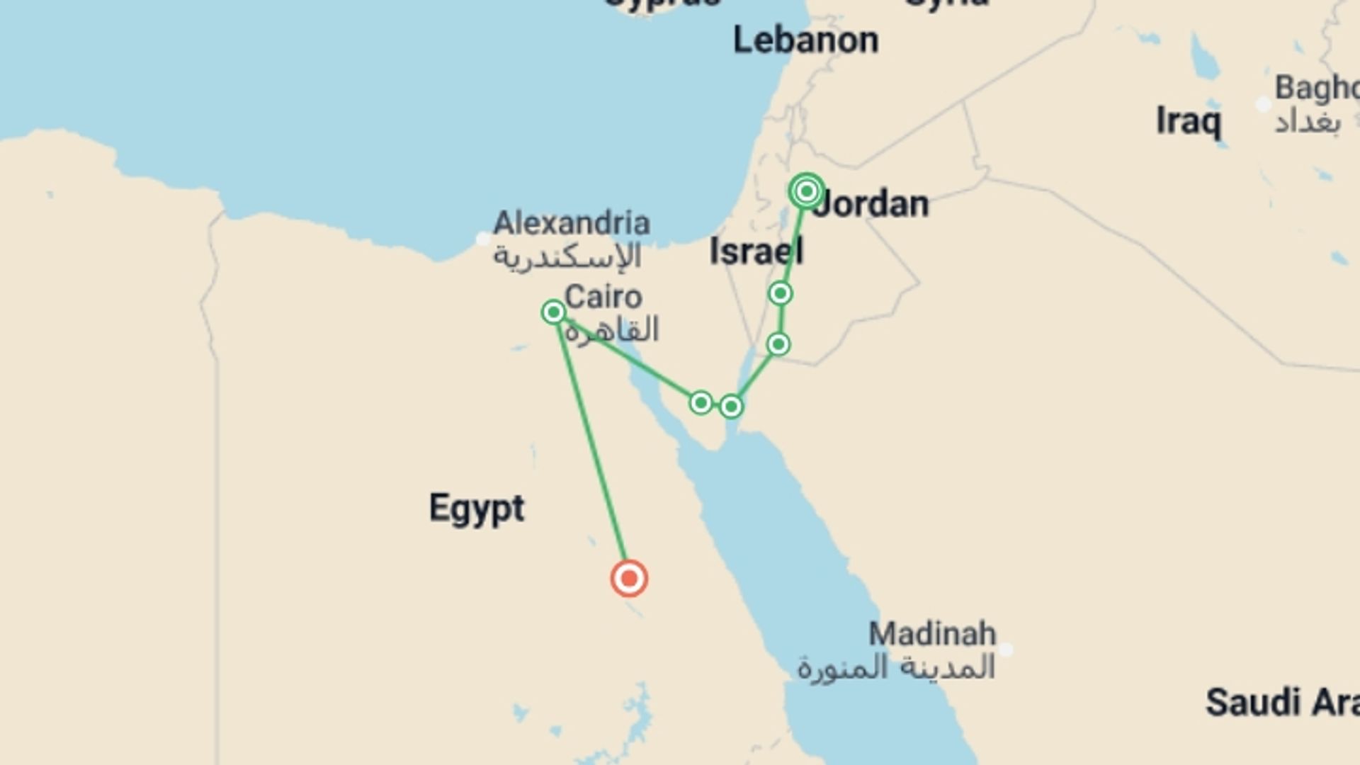 A map showing the tour itinerary for the trip: Jordan and Egypt - Petra to the Pyramids, starting in Amman, Jordan and ending in Luxor, Egypt going through 6 other destinations.
