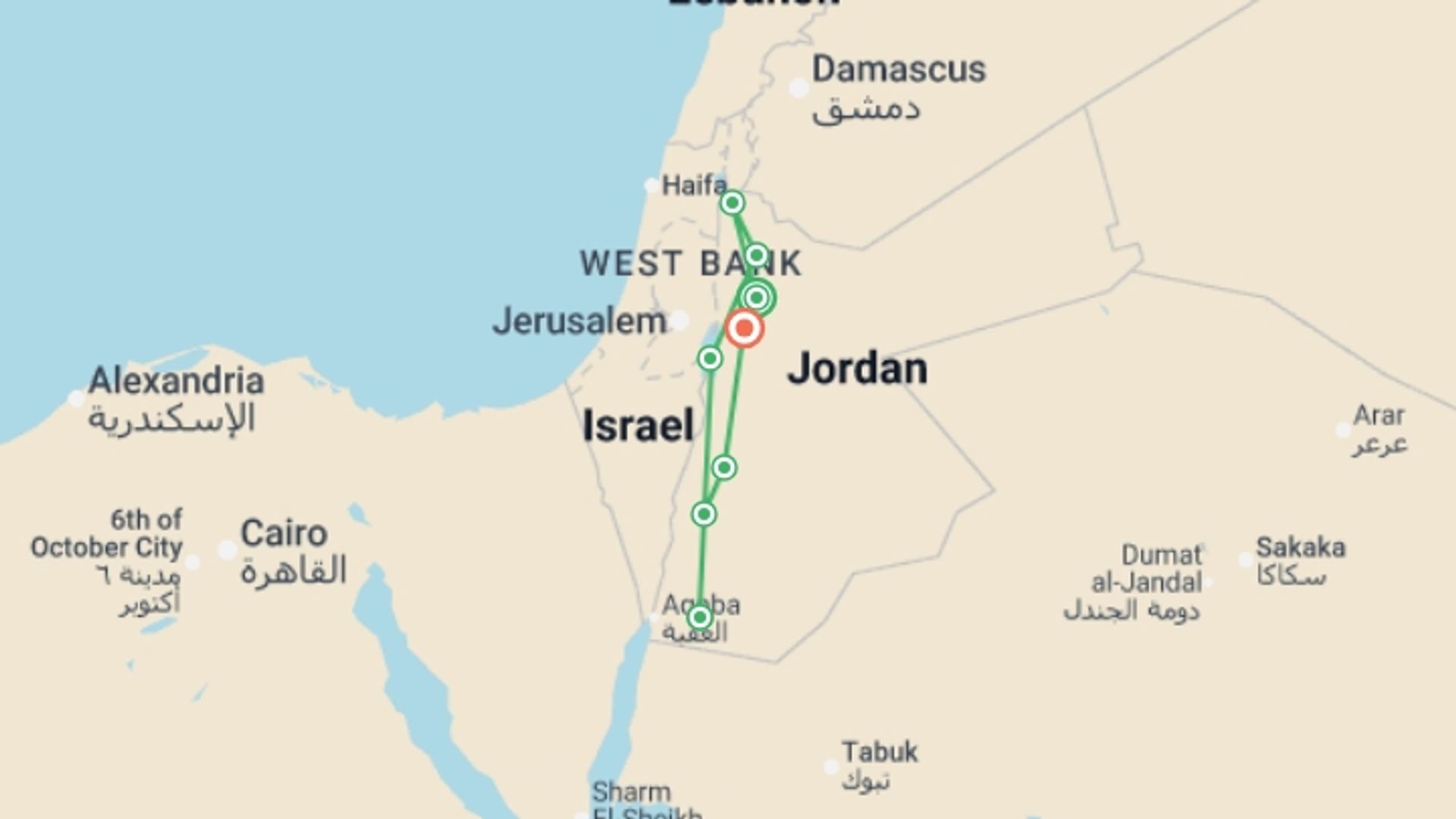 A map showing the tour itinerary for the trip: Jordan: Culture & Nature In Depth, starting in Amman, Jordan and ending in Madaba, Jordan going through 7 other destinations.