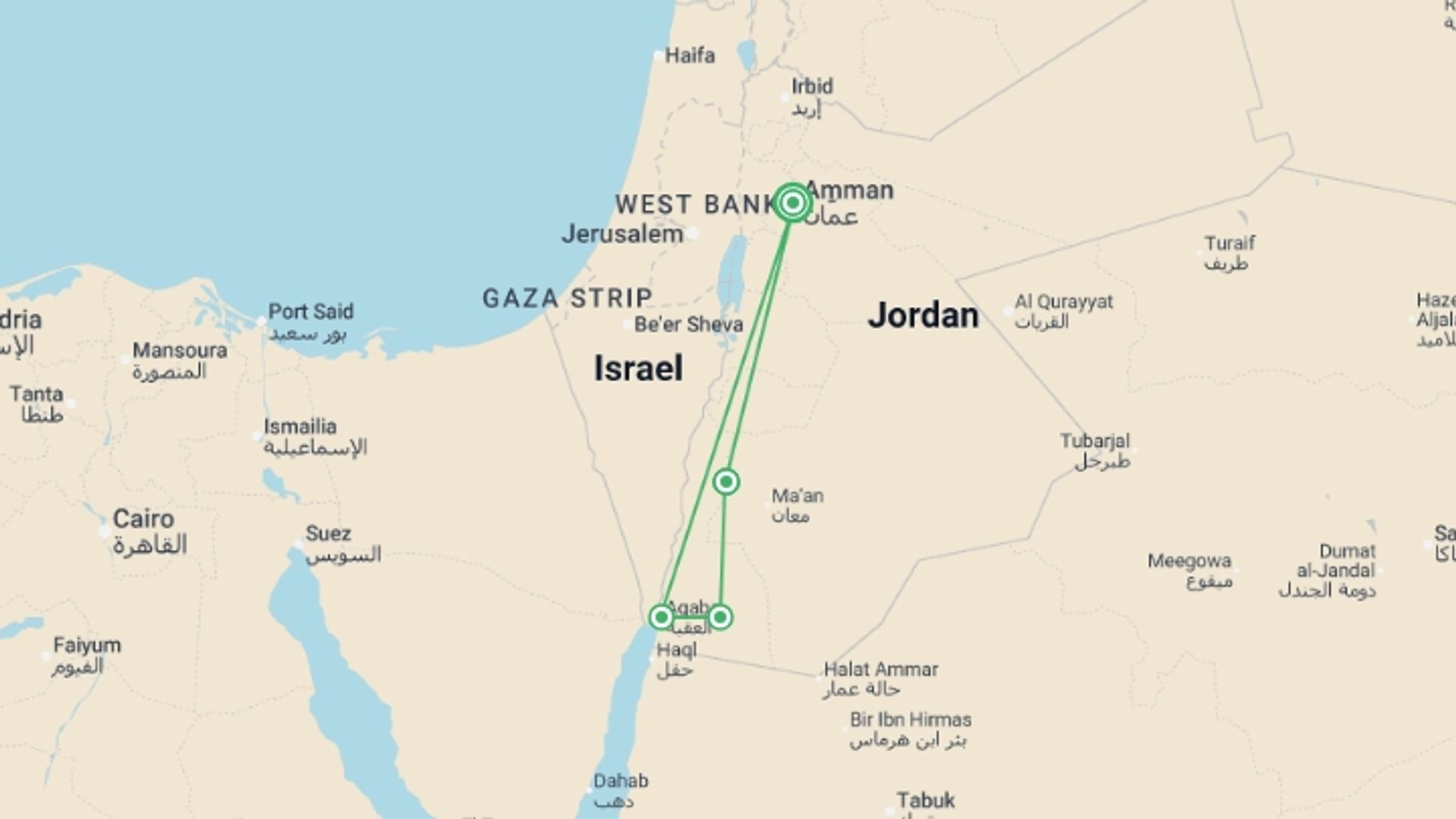 A map showing the tour itinerary for the trip: Jordan Discovery, starting in Amman, Jordan and ending in Amman, Jordan going through 4 other destinations.
