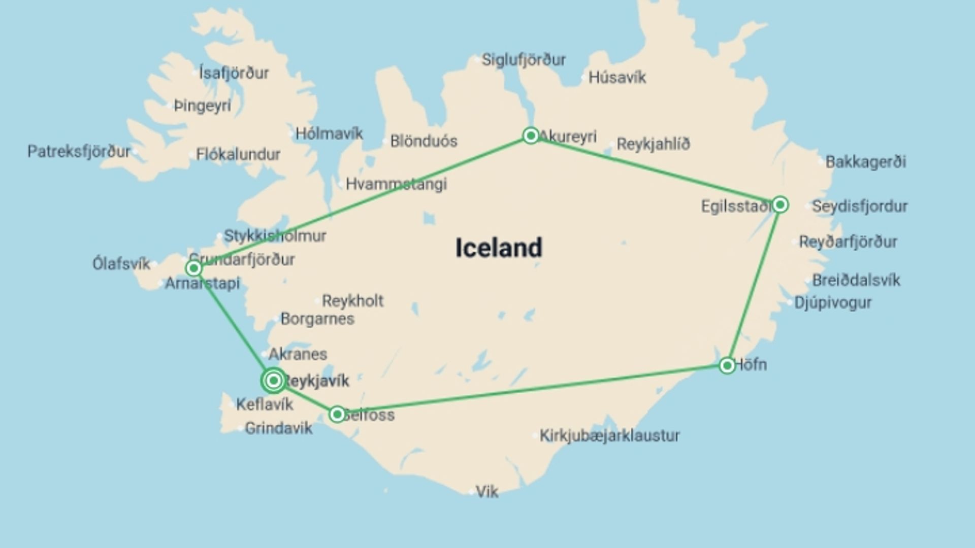 A map showing the tour itinerary for the trip: Journey Around Iceland, starting in Reykjavik, Iceland and ending in Reykjavik, Iceland going through 2 other destinations.