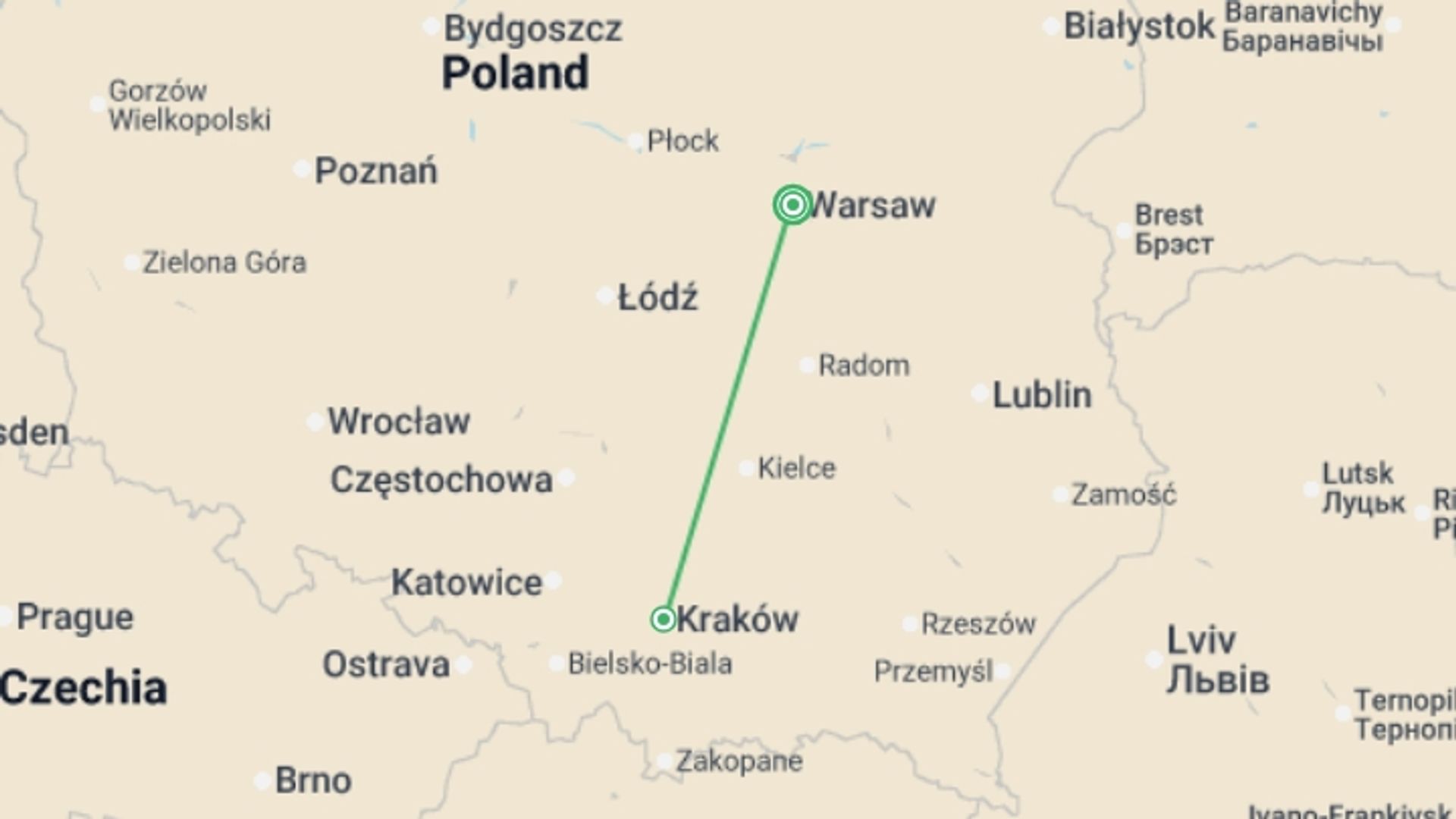 A map showing the tour itinerary for the trip: Journey into Polish History and Culture, starting in Warsaw, Poland and ending in Warsaw, Poland going through 2 other destinations.
