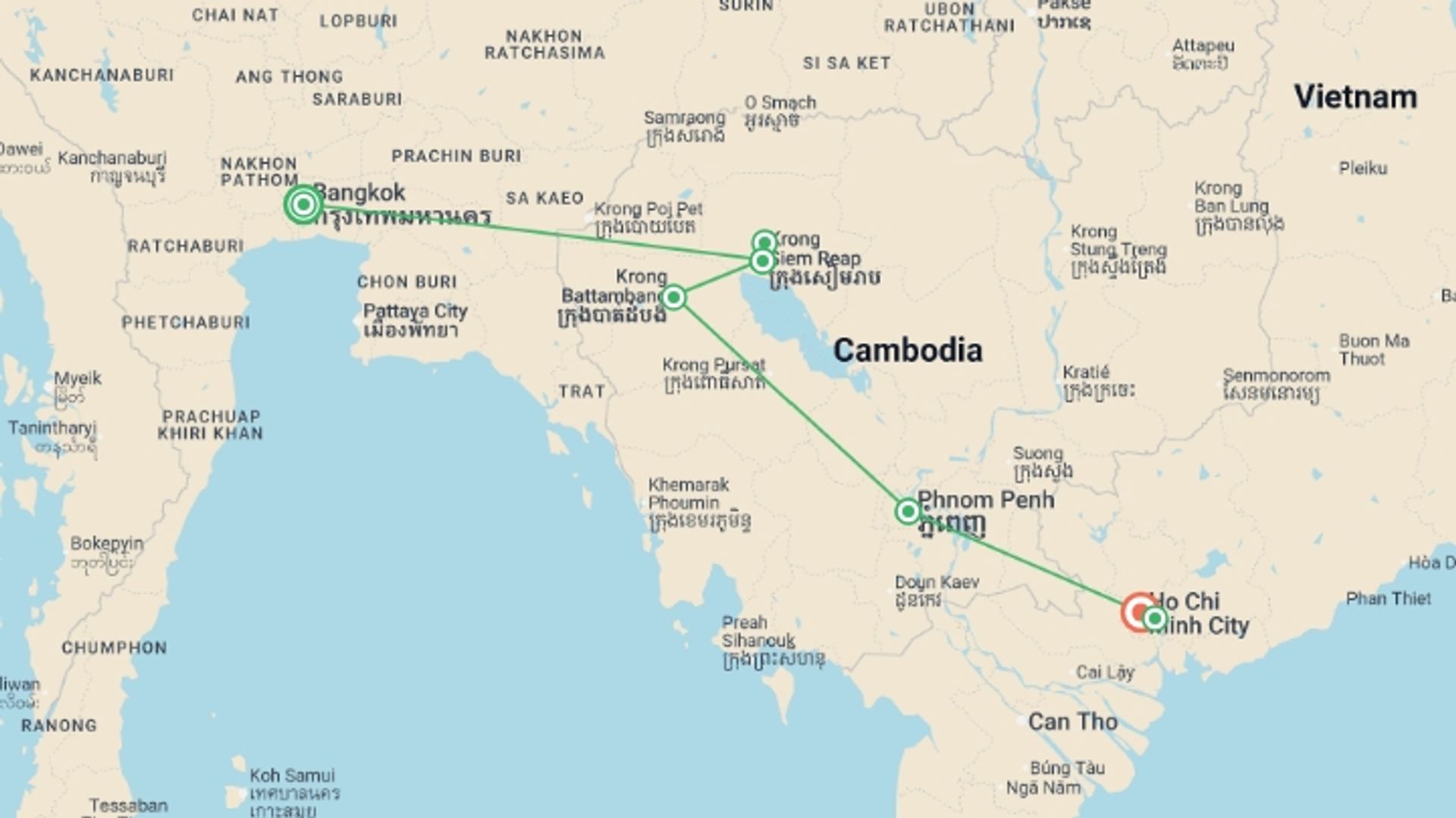A map showing the tour itinerary for the trip: Journey through Cambodia: Bangkok to Saigon, starting in Bangkok, Thailand and ending in Ho Chi Minh City, Vietnam going through 5 other destinations.