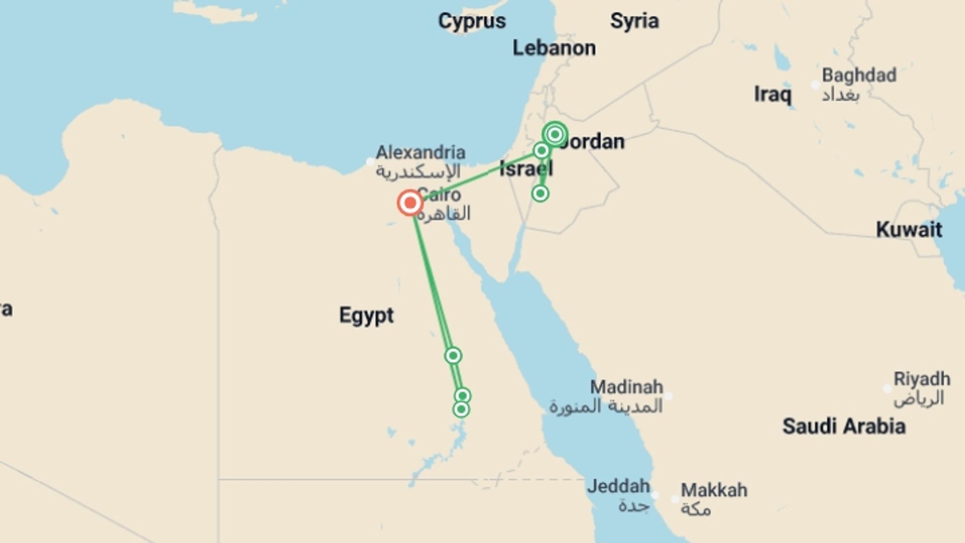 A map showing the tour itinerary for the trip: Journey Through Egypt and Jordan , starting in Amman, Jordan and ending in Cairo, Egypt going through 7 other destinations.