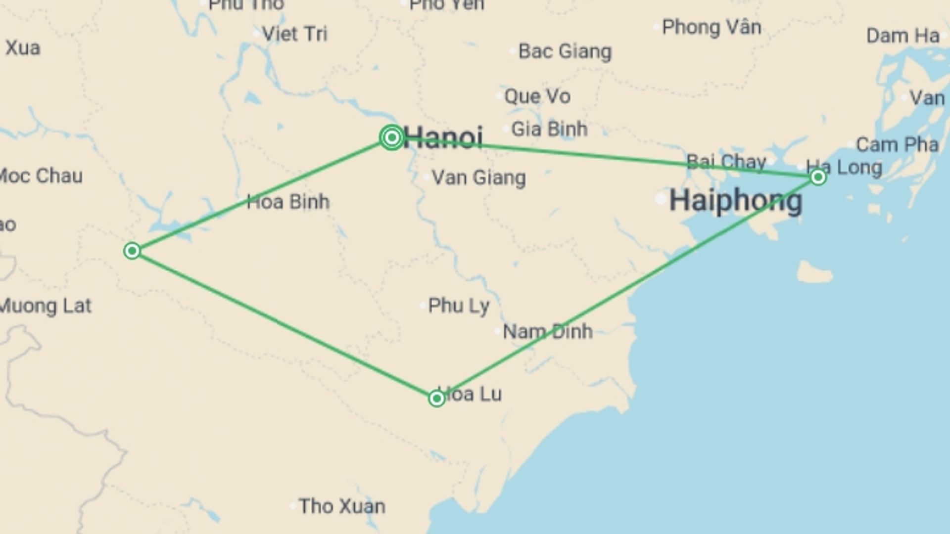 A map showing the tour itinerary for the trip: Journey through Northern Vietnam A Cultural Exploration from Hanoi to Ha Long Bay, starting in Hanoi, Vietnam and ending in Hanoi, Vietnam going through 3 other destinations.
