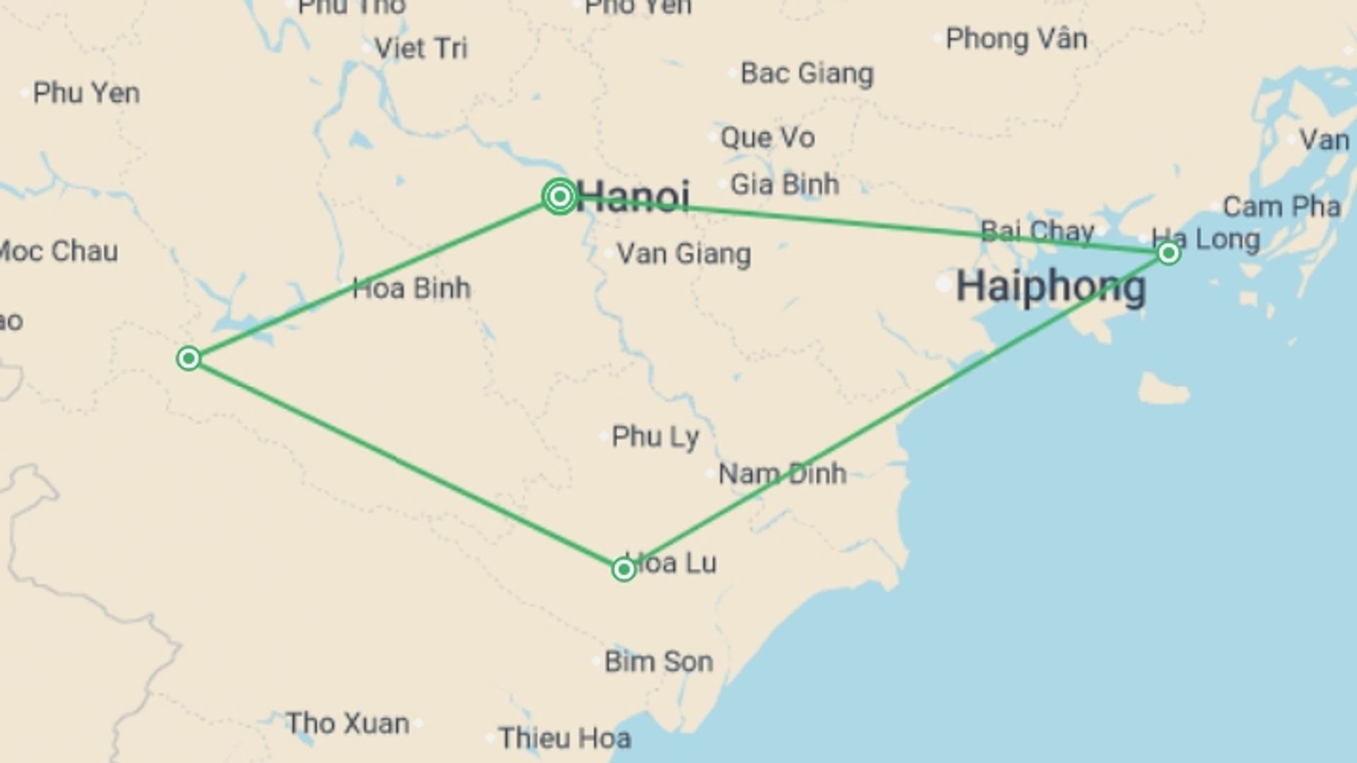 A map showing the tour itinerary for the trip: Journey through Northern Vietnam A Cultural Exploration from Hanoi to Ha Long Bay, starting in Hanoi, Vietnam and ending in Hanoi, Vietnam going through 3 other destinations.