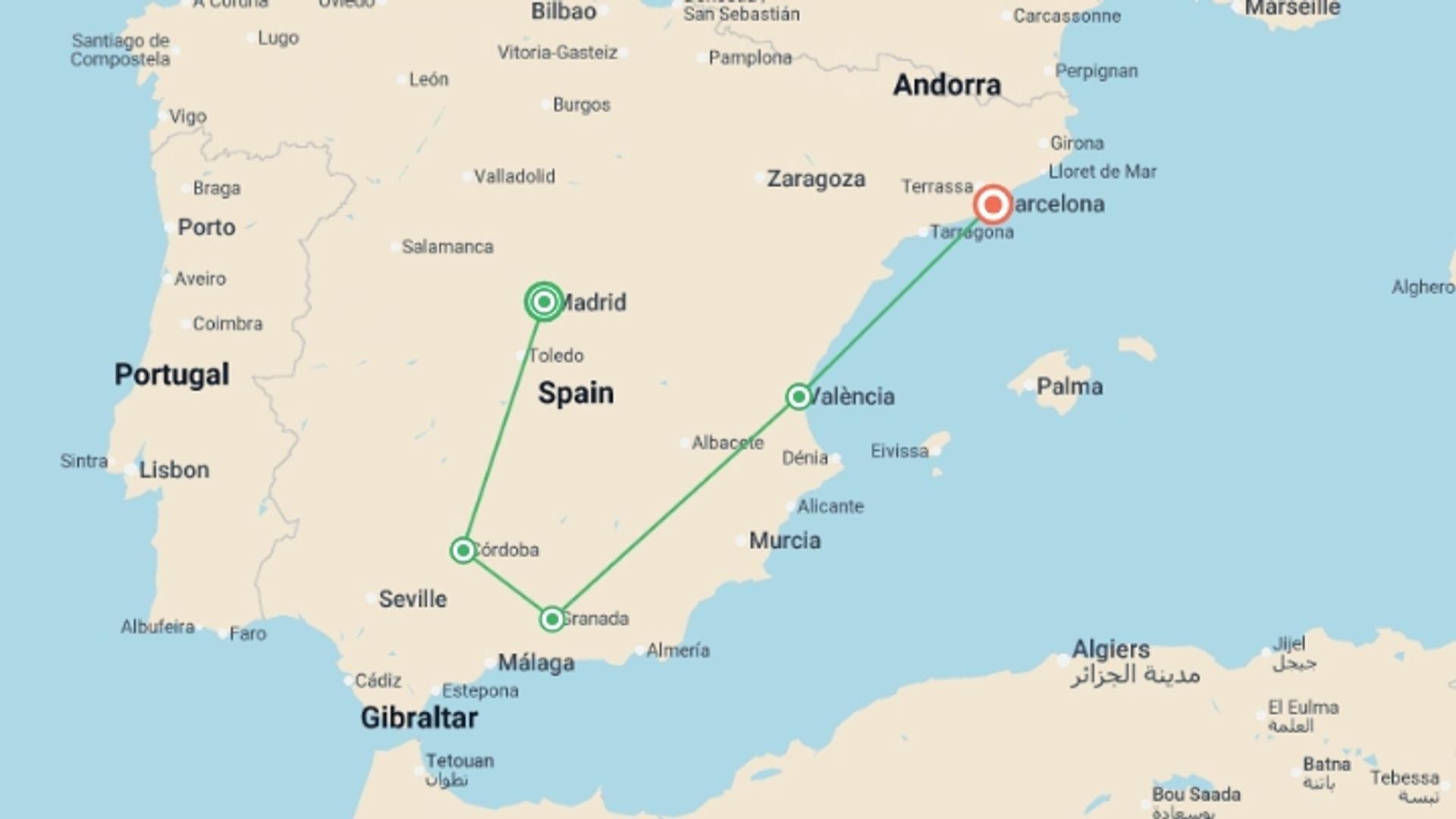 A map showing the tour itinerary for the trip: Journey through Spain: Madrid to Barcelona , starting in Madrid, Spain and ending in Barcelona, Spain going through 5 other destinations.