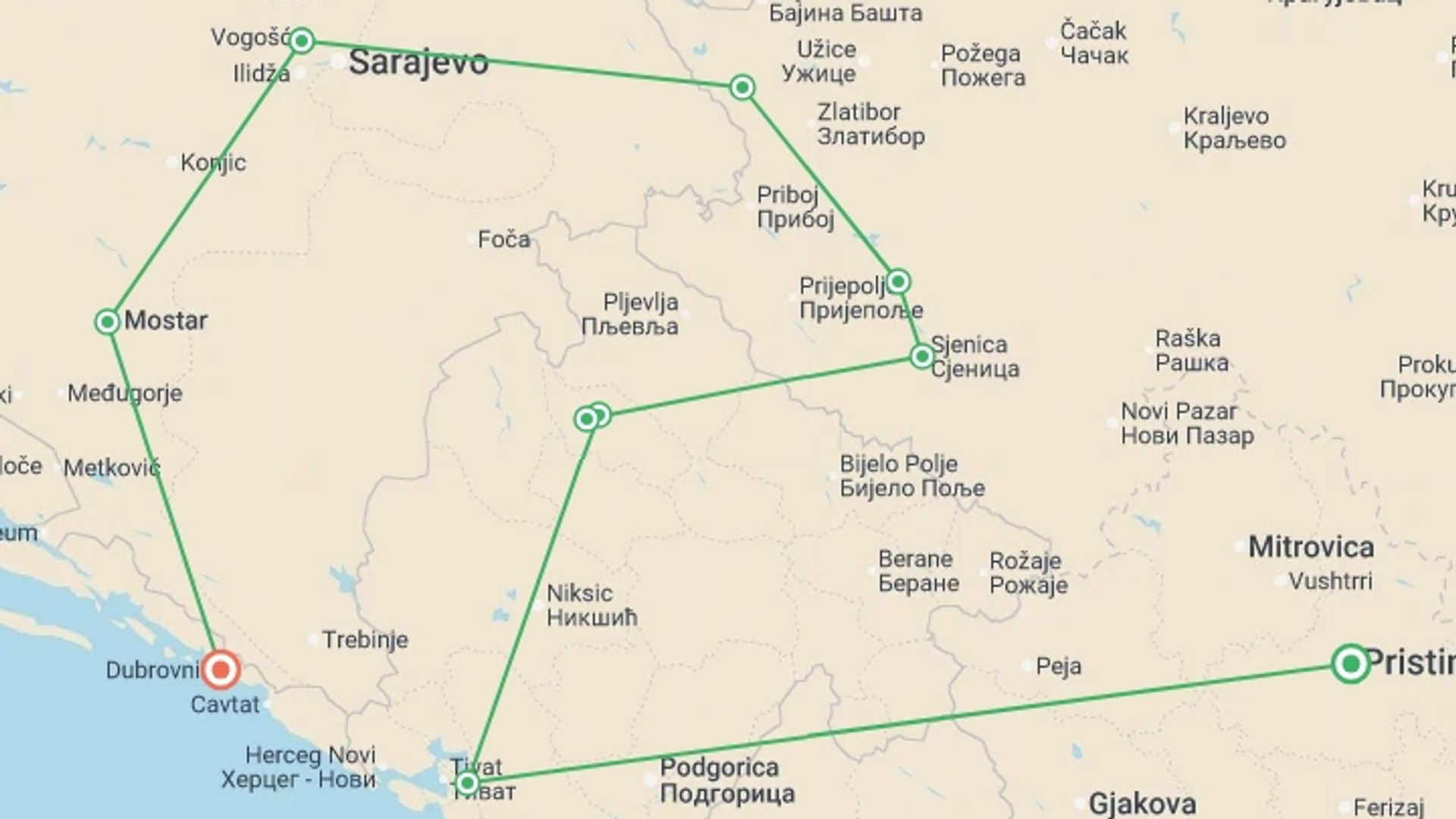A map showing the tour itinerary for the trip: Journey Through the Balkans, starting in Dobrota, Montenegro and ending in Dubrovnik, Croatia going through 8 other destinations.