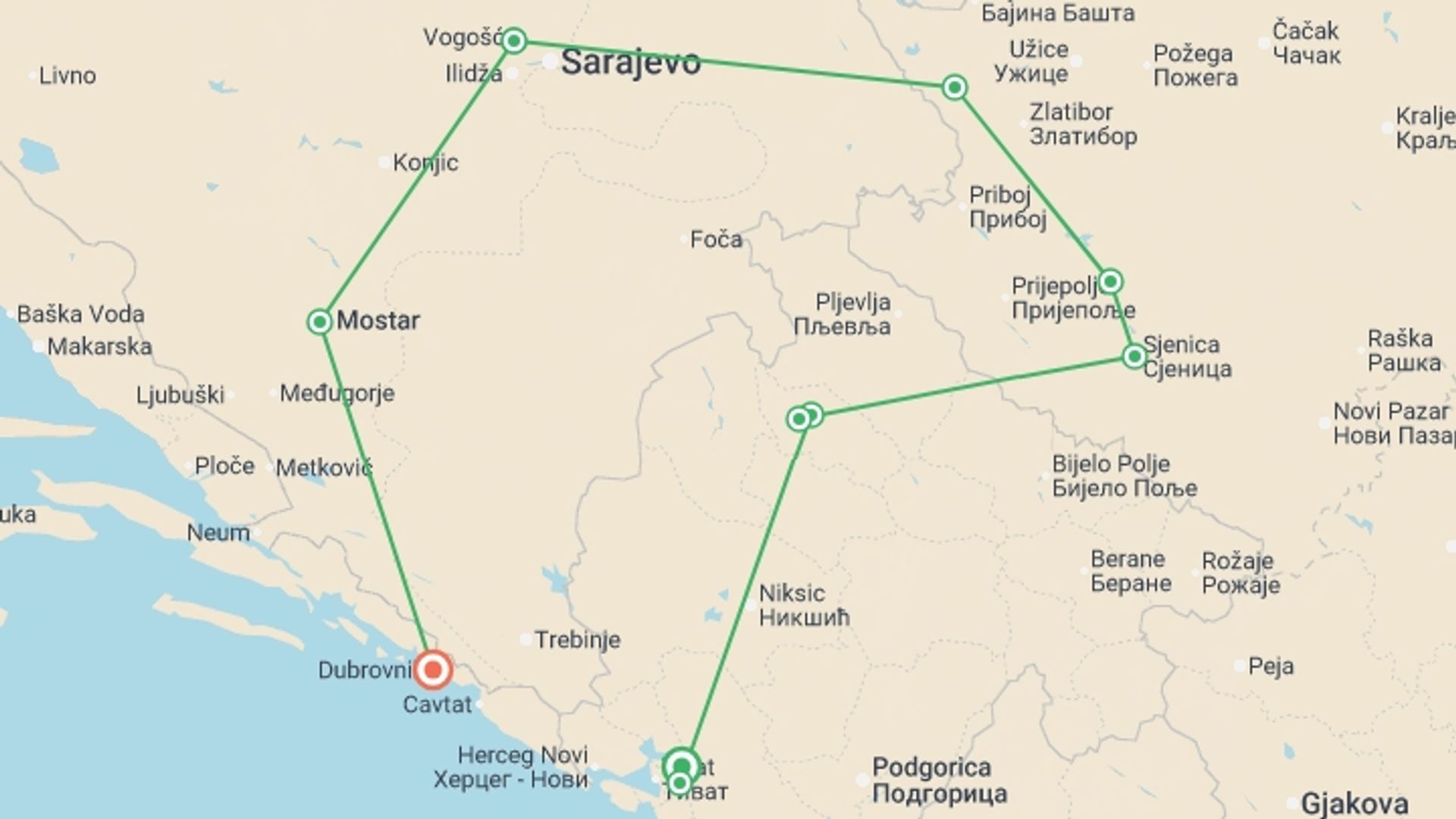 A map showing the tour itinerary for the trip: Journey Through the Balkans, starting in Dobrota, Montenegro and ending in Dubrovnik, Croatia going through 3 other destinations.