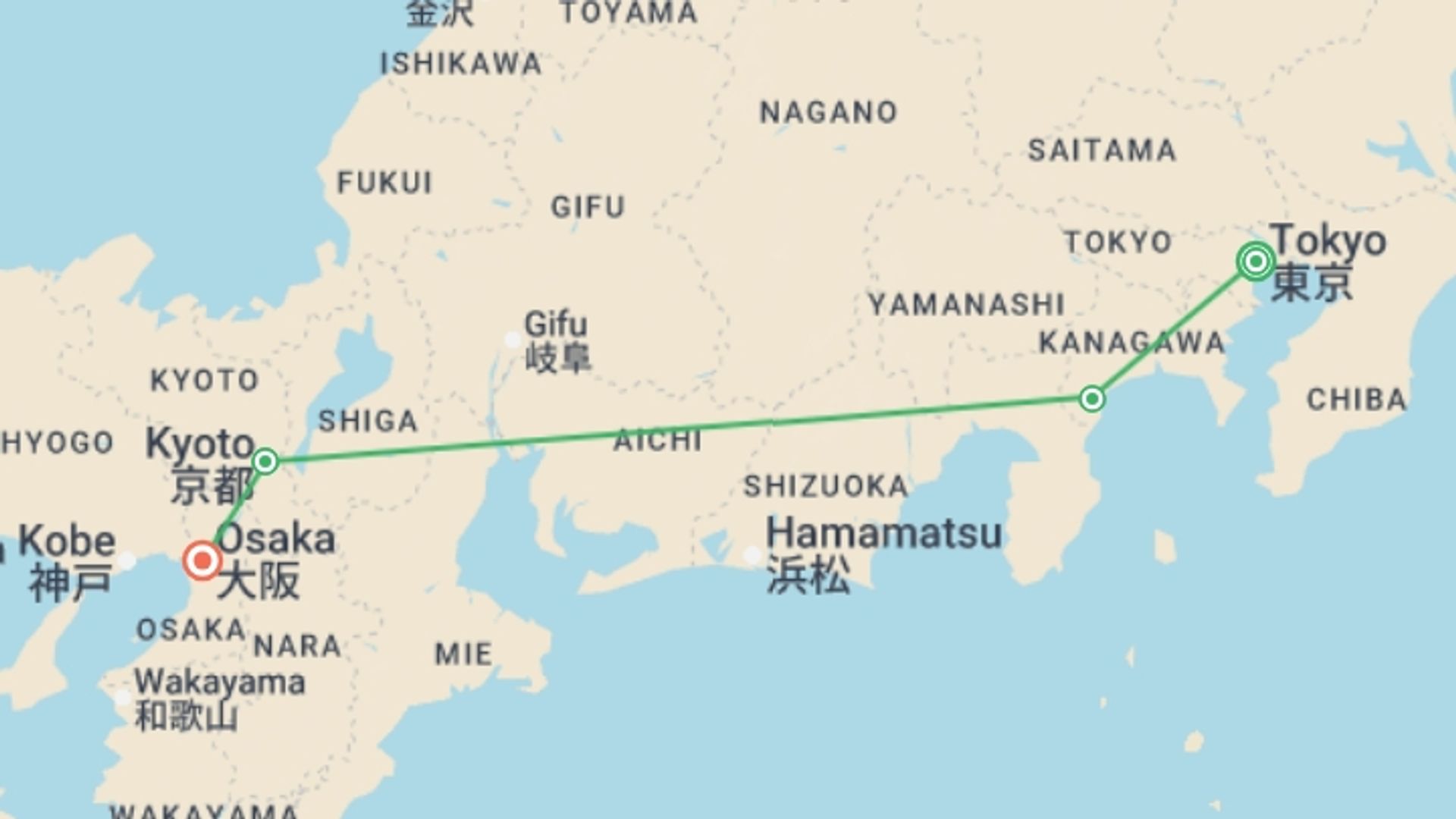 A map showing the tour itinerary for the trip: Journey Through the Heart of Japan Tokyo to Osaka, starting in Tokyo, Japan and ending in Osaka, Japan going through 4 other destinations.