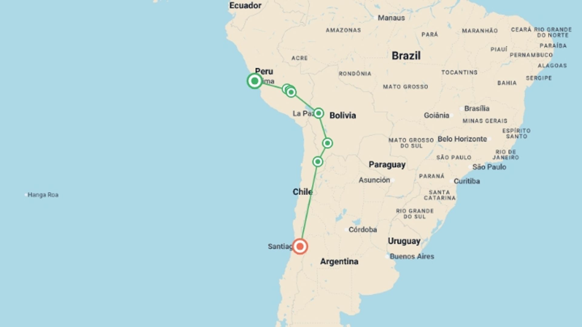 A map showing the tour itinerary for the trip: Journeys: Across the Andes From Peru to Chile, starting in Lima, Peru and ending in Santiago, Chile going through 7 other destinations.