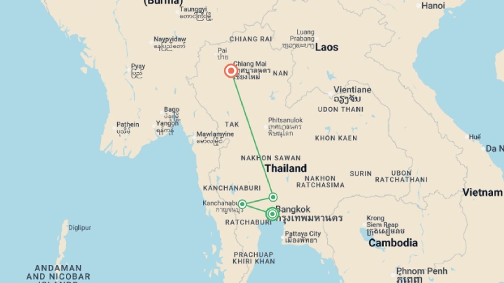 A map showing the tour itinerary for the trip: Journeys: Best of Northern Thailand, starting in Bangkok, Thailand and ending in Chiang Mai, Thailand going through 3 other destinations.