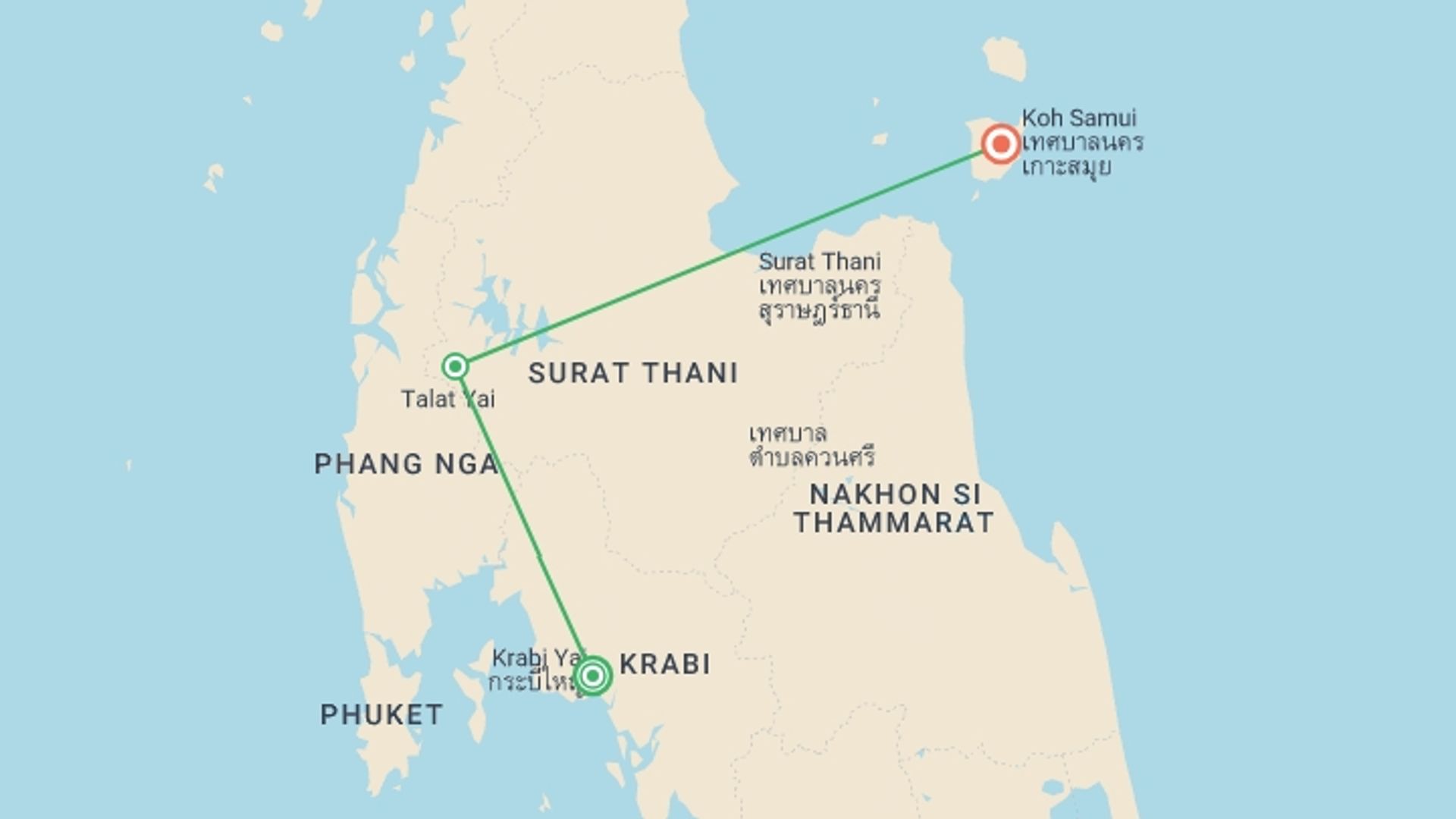 A map showing the tour itinerary for the trip: Journeys: Best of Southern Thailand, starting in Krabi, Thailand and ending in Koh Samui, Thailand going through 3 other destinations.