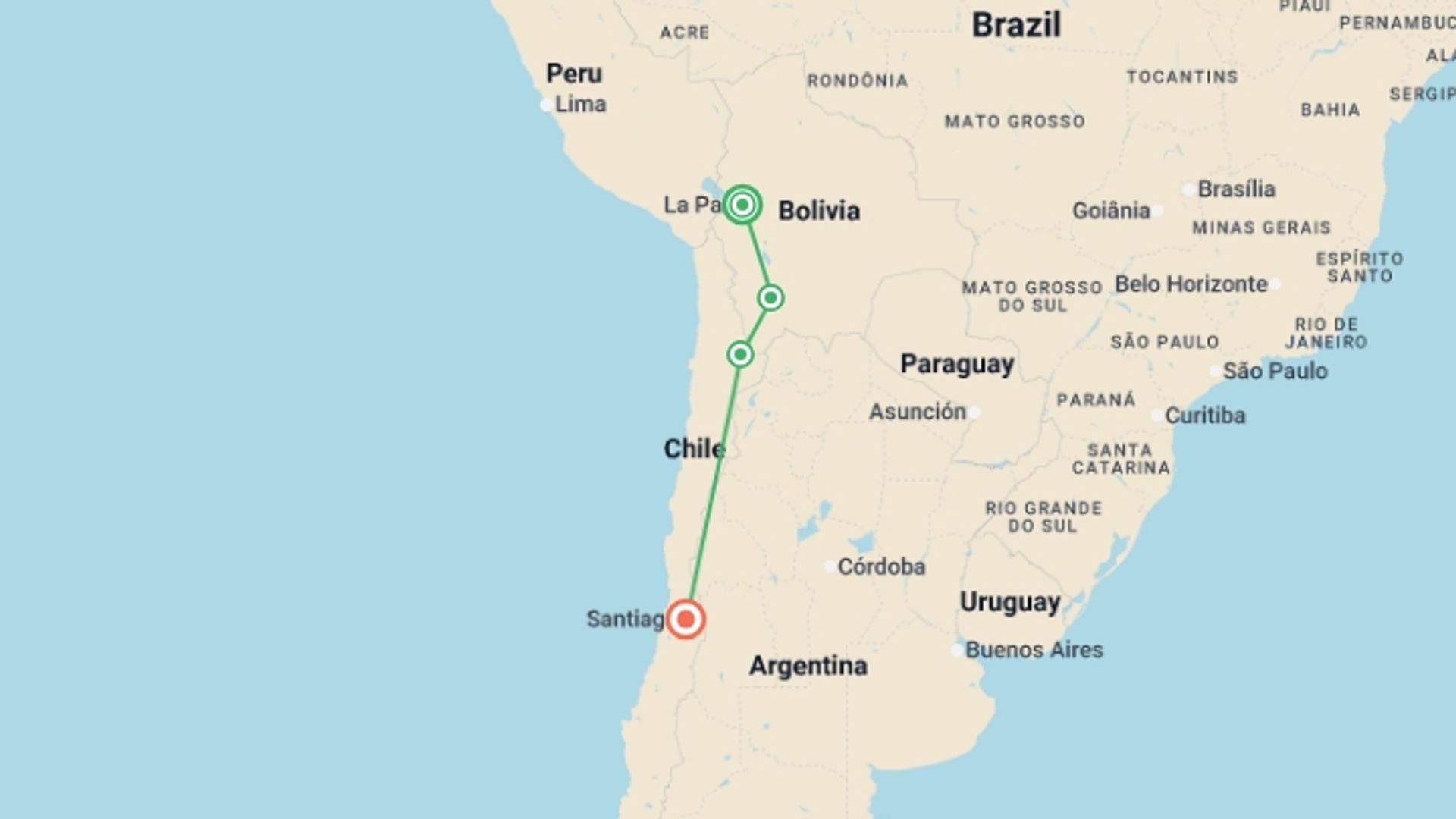 A map showing the tour itinerary for the trip: Journeys: Discover Bolivia & Chile, starting in La Paz, Bolivia and ending in Santiago, Chile going through 4 other destinations.