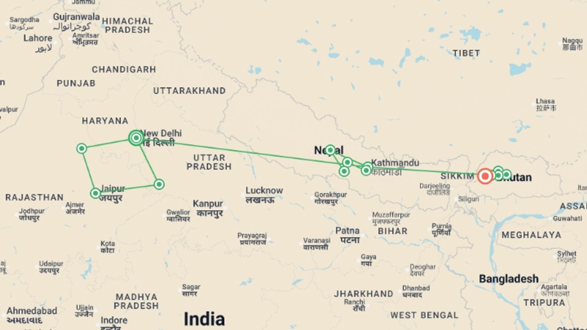 A map showing the tour itinerary for the trip: Journeys: Discover India, Nepal & Bhutan, starting in New Delhi, India and ending in Paro, Bhutan going through 9 other destinations.