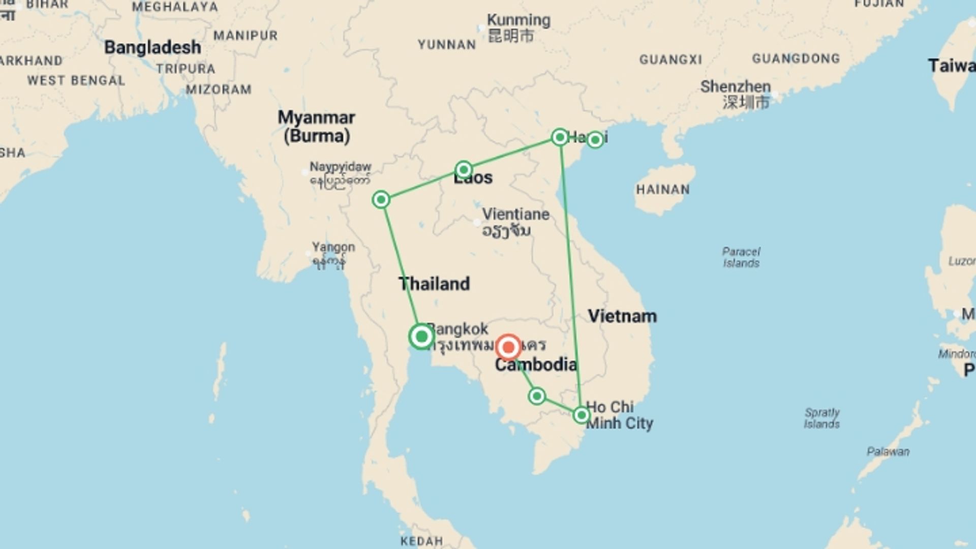 A map showing the tour itinerary for the trip: Journeys: Discover Southeast Asia, starting in Bangkok, Thailand and ending in Siem Reap, Cambodia going through 8 other destinations.