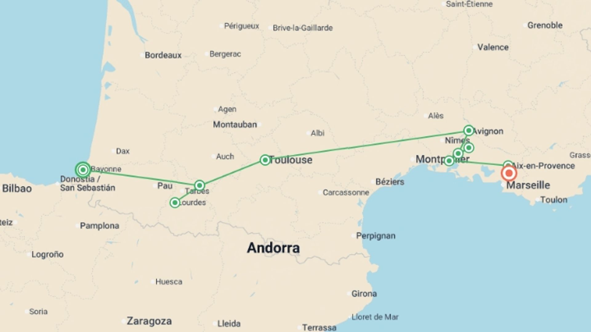 A map showing the tour itinerary for the trip: Journeys: Discover Southern France, starting in Nouvelle-Aquitaine, France and ending in France going through 7 other destinations.