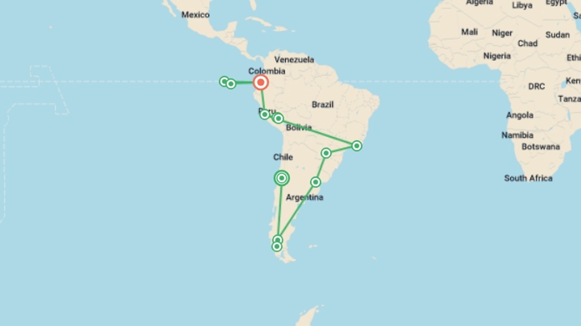 A map showing the tour itinerary for the trip: Journeys: Explore South America, starting in Santiago, Chile and ending in Quito, Ecuador going through 11 other destinations.