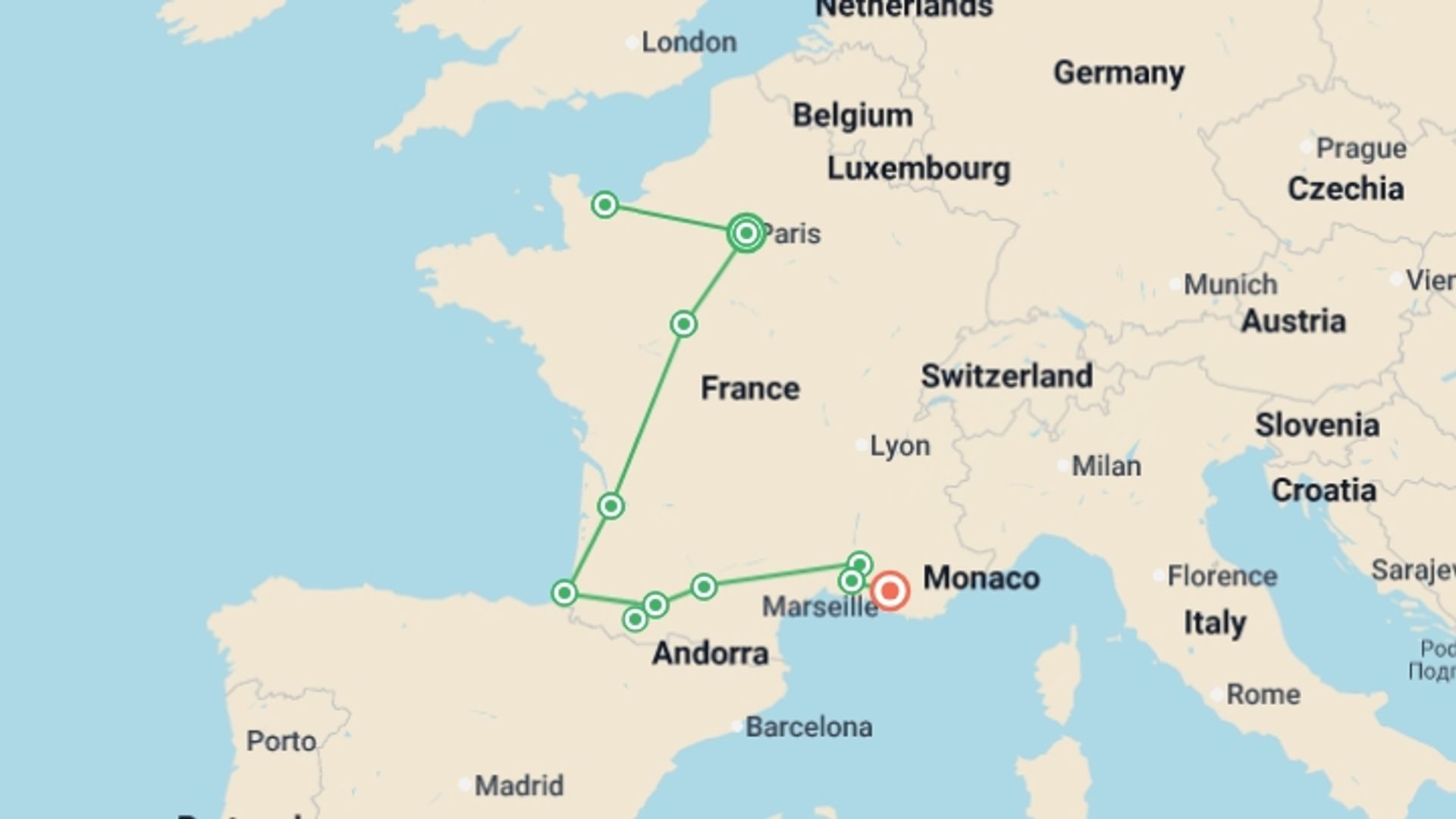 A map showing the tour itinerary for the trip: Journeys: Highlights of France, starting in Paris, France and ending in Aix-en-Provence, France going through 9 other destinations.