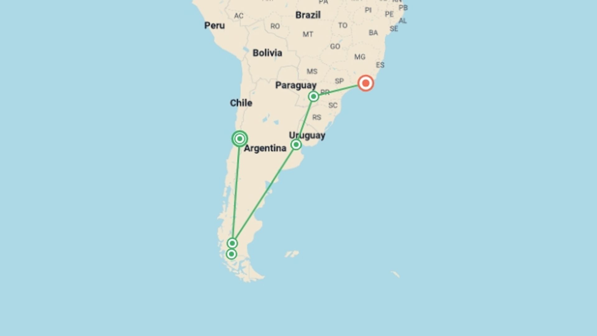 A map showing the tour itinerary for the trip: Journeys: Highlights of Patagonia and Brazil, starting in Santiago, Chile and ending in Rio de Janeiro, Brazil going through 5 other destinations.