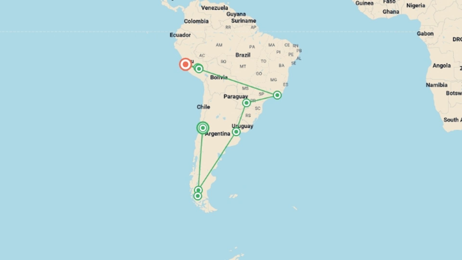 A map showing the tour itinerary for the trip: Journeys: Highlights of Patagonia, Brazil & Peru, starting in Santiago, Chile and ending in Lima, Peru going through 9 other destinations.