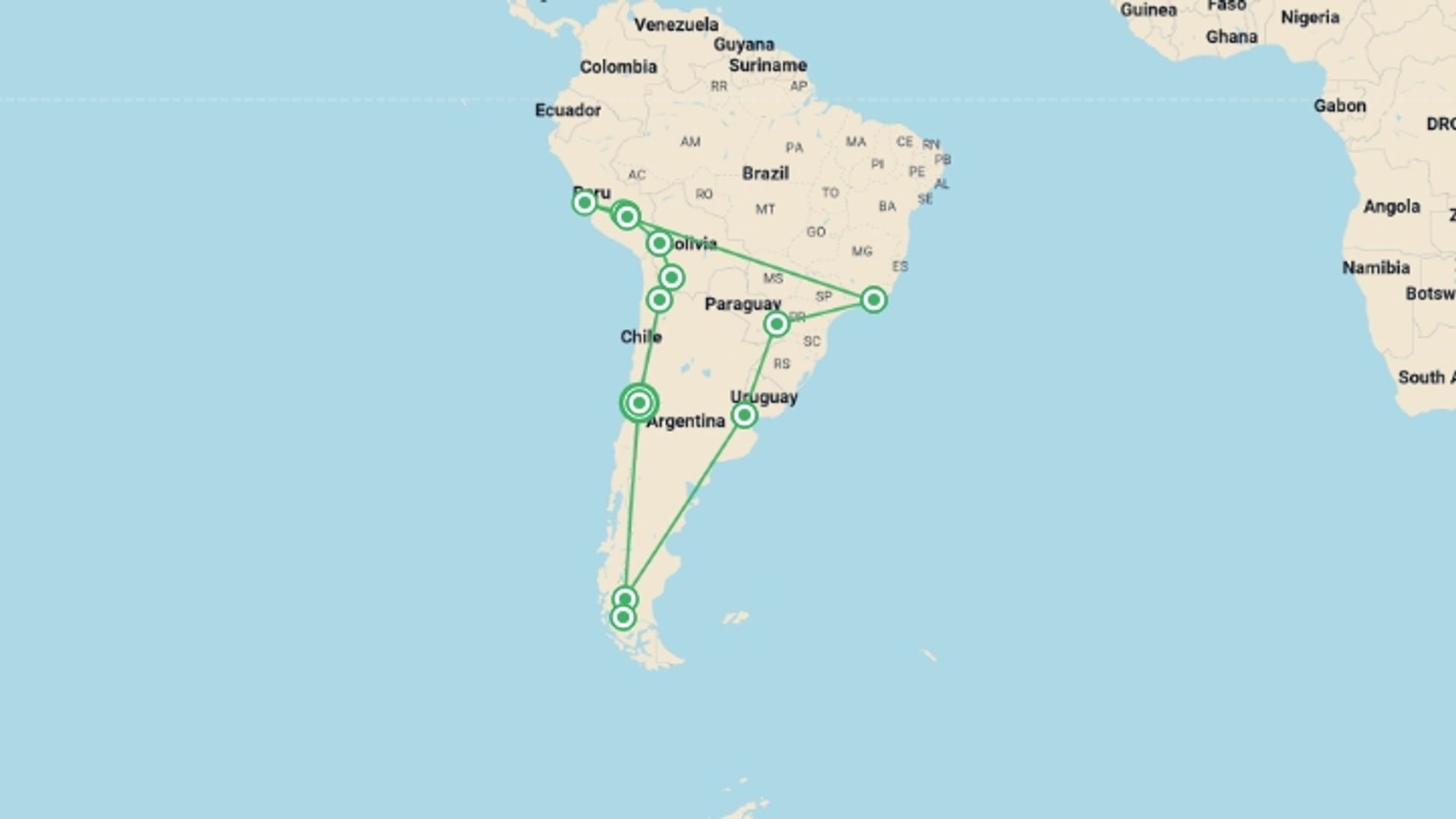 A map showing the tour itinerary for the trip: Journeys: Highlights of South America, starting in Santiago, Chile and ending in Santiago, Chile going through 11 other destinations.