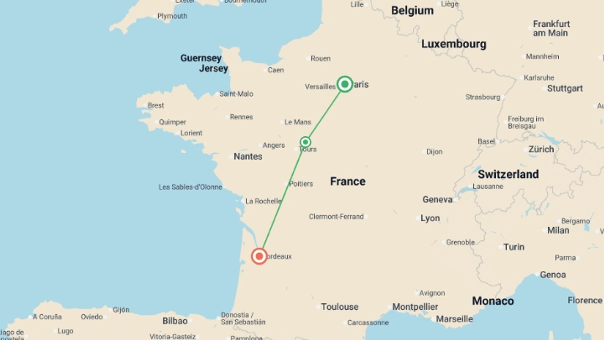 A map showing the tour itinerary for the trip: Journeys: Highlights of the Loire Valley & Bordeaux, starting in Paris, France and ending in Bordeaux, France going through 2 other destinations.